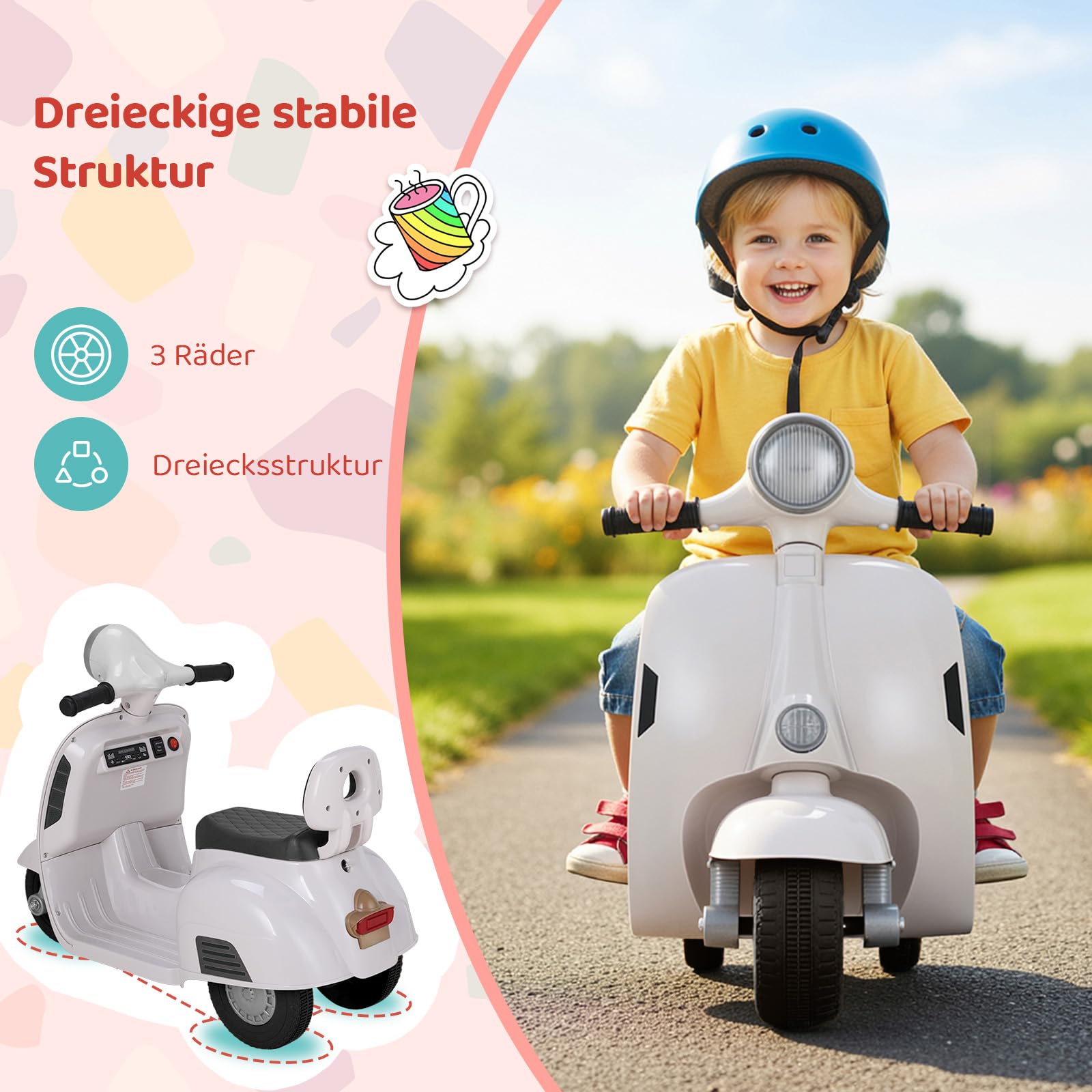 MAMIZO Moto Elettrica per Bambini 6V, Moto Giocattolo Cavalcabile a 3 ruote, Avanti e Indietro, con schienale, Fari, USB, Pedali, Musica, 72x56x37 cm, 2 km/h, max 20 kg, per bambini 3-6 anni, Bianco