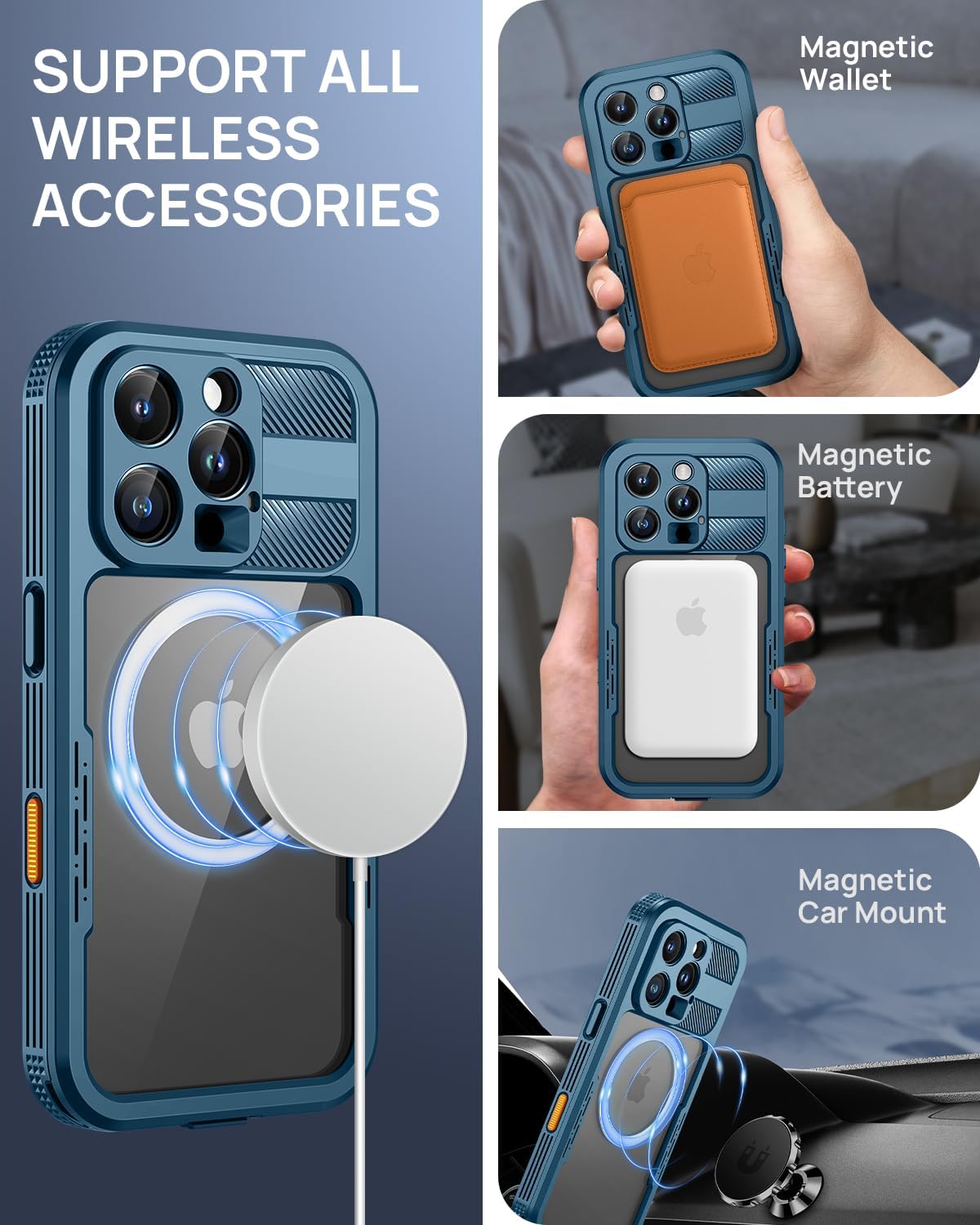 Lanhiem Magnetic for iPhone 16 Pro Case, IP68 Waterproof Dustproof Case, [Compatible with Magsafe] [Built-in Screen Protector] Full Body Heavy Duty Rugged Phone Cover 6.3 inch, Blue/Clear - Image 3