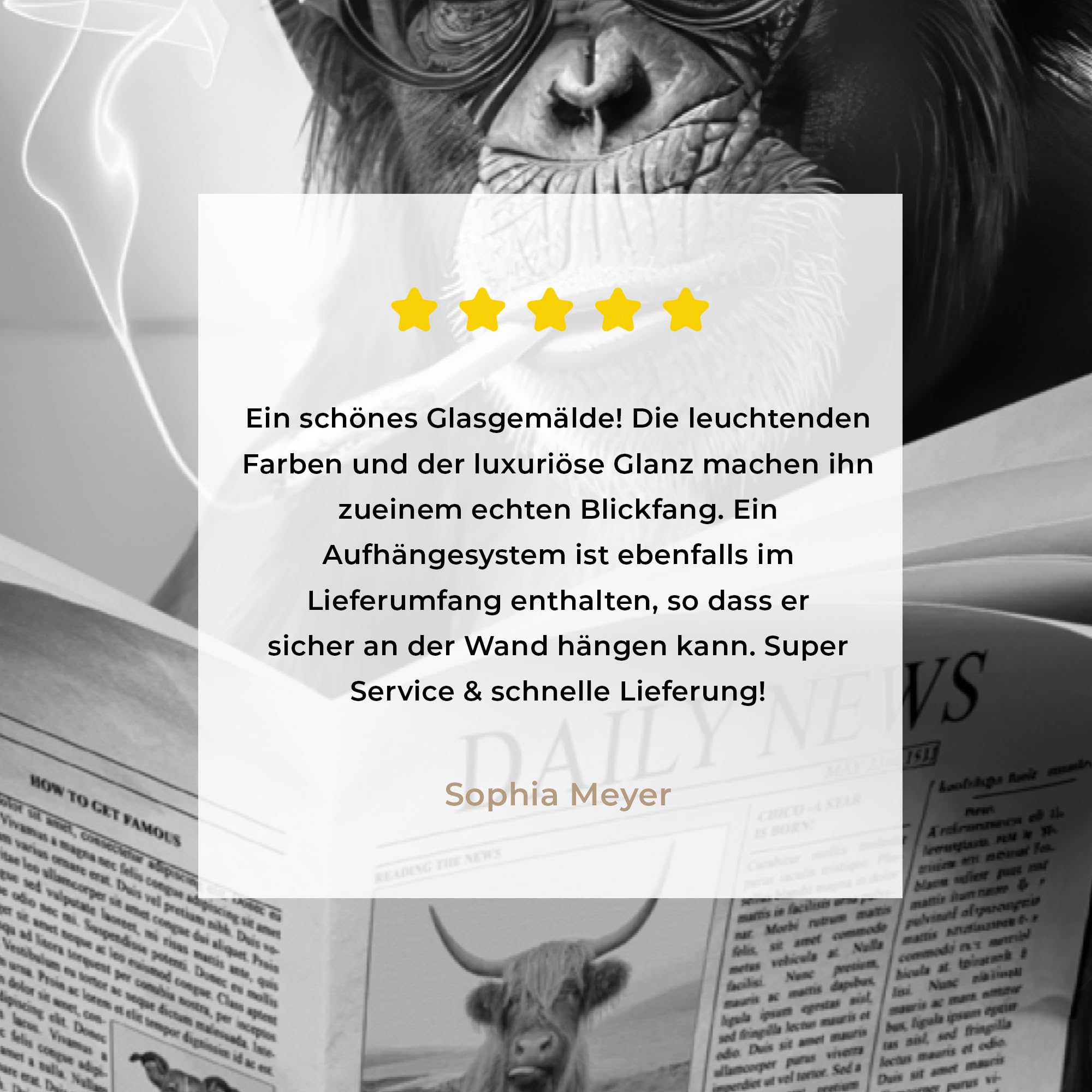 MuchoWow© Wandbilder Glas 60x40 cm Wohnzimmer Wanddeko Schlafzimmer Zimmerdeko Wandgemälde Zimmer Deko auf Wand Dekoration Wall Art Affe - WC - Zeitung - Schwarzweiß - Humor