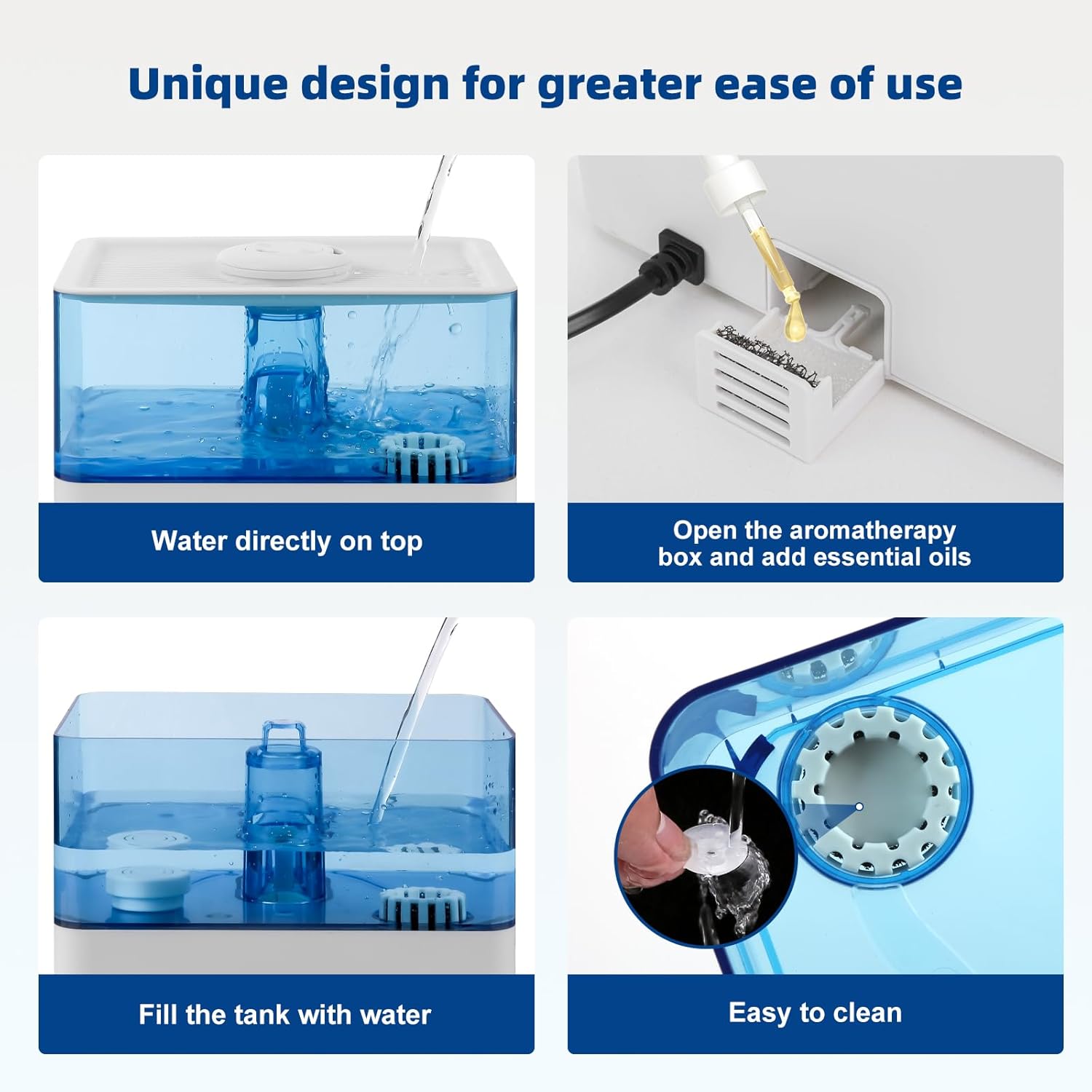 Four images showing top-fill, essential oil addition, tank filling, and easy cleaning