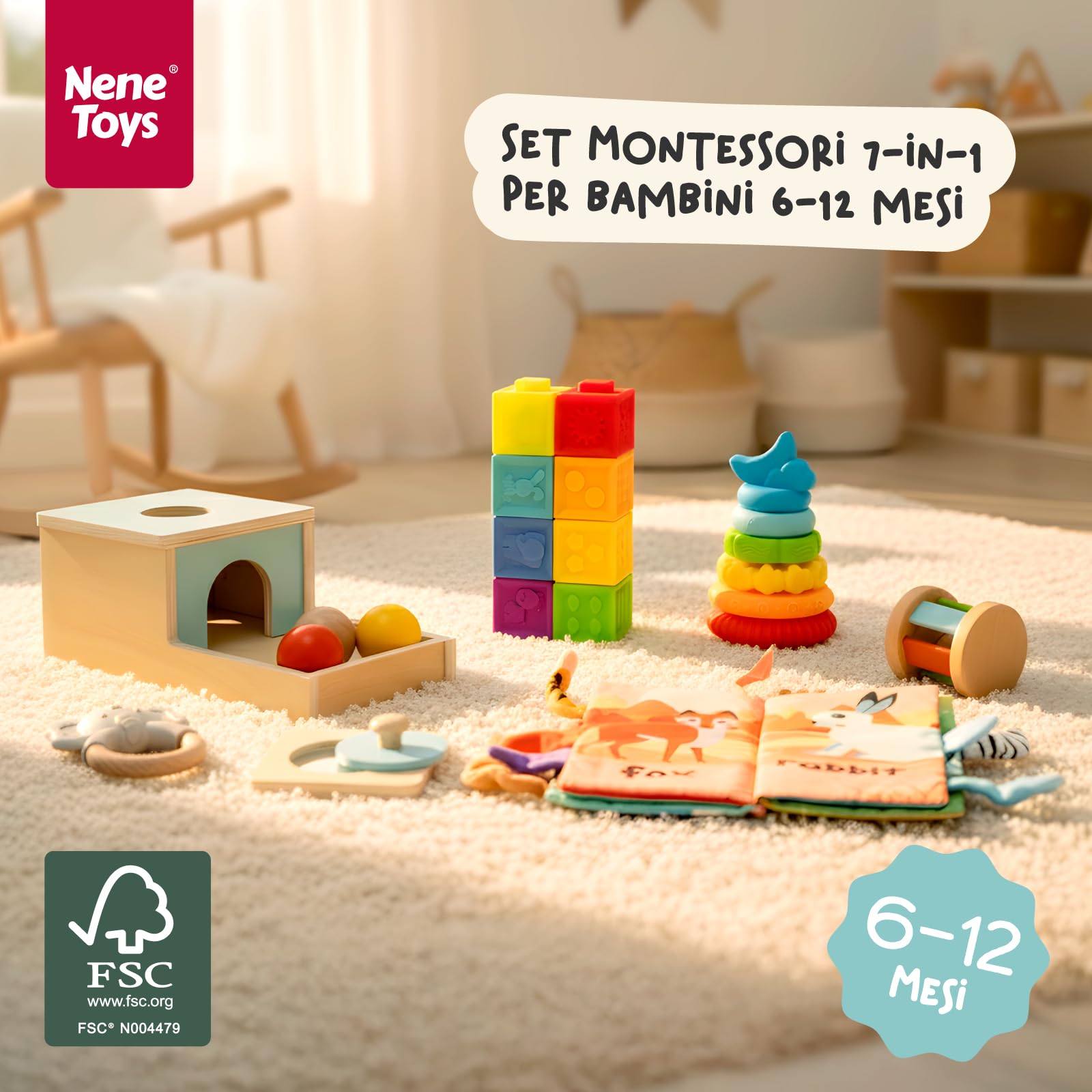 Nene Toys Giocattoli Montessori per Bebè 6–12 Mesi – Giochi Educativi Sensoriali in Legno – Scatola della Permanenza, Torre da Impilare, Libro in Stoffa, Massaggiagengive, Sonaglio & Blocchi Morbidi