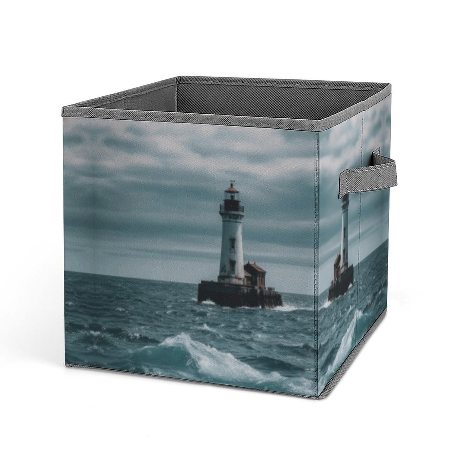 Lighthouse Ocean Storage Baskets Collapsible, Exquisite Pattern Cube Box, Canvas Fabric Storage Bins with Handles, Clothe Organizer Box for Home Decorative Office Bedroom