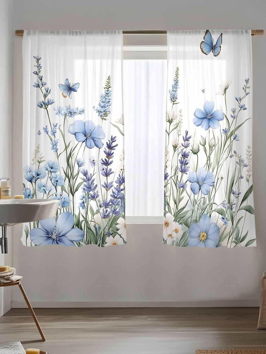 Spring Flower Sheer Curtains 63 Inch Long 2 Panels, Light Blue Floral Lavender Plants Light Filtering Rod Pocket Semi Sheer Curtains, Butterfly Sheer Voile Drapes for Living Room Bedroom, 52"x63"