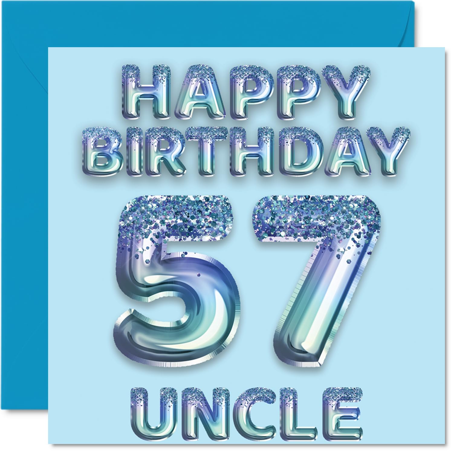 57th Birthday Card for Uncle, Blue Glitter Party Balloons