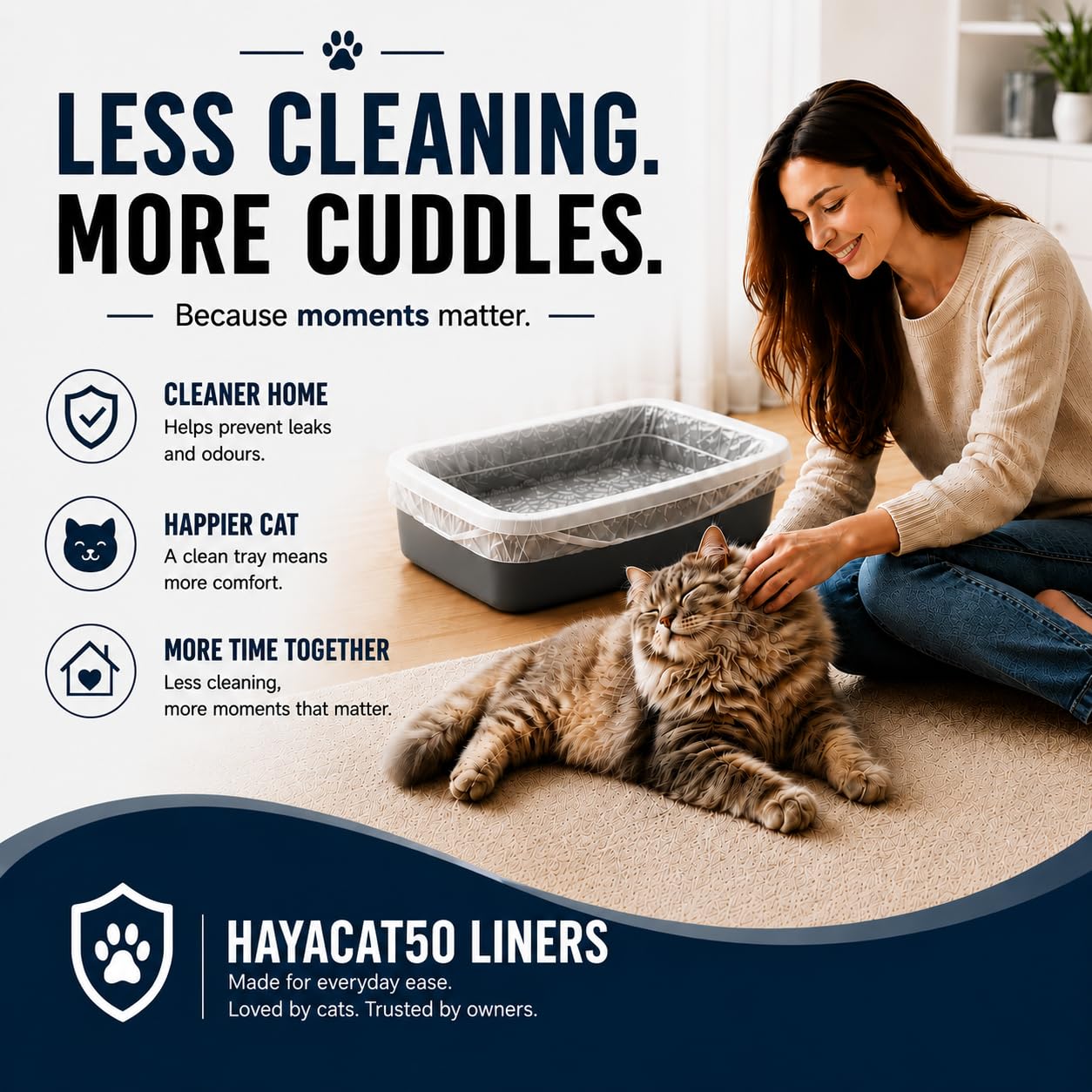 HayaHome Eco - 50 sacchetti per lettiera per gatti grandi, resistenti, su rotolo, 40 μm, 80 x 36 cm, in plastica antigraffio, ecologici, 100% materiale riciclato