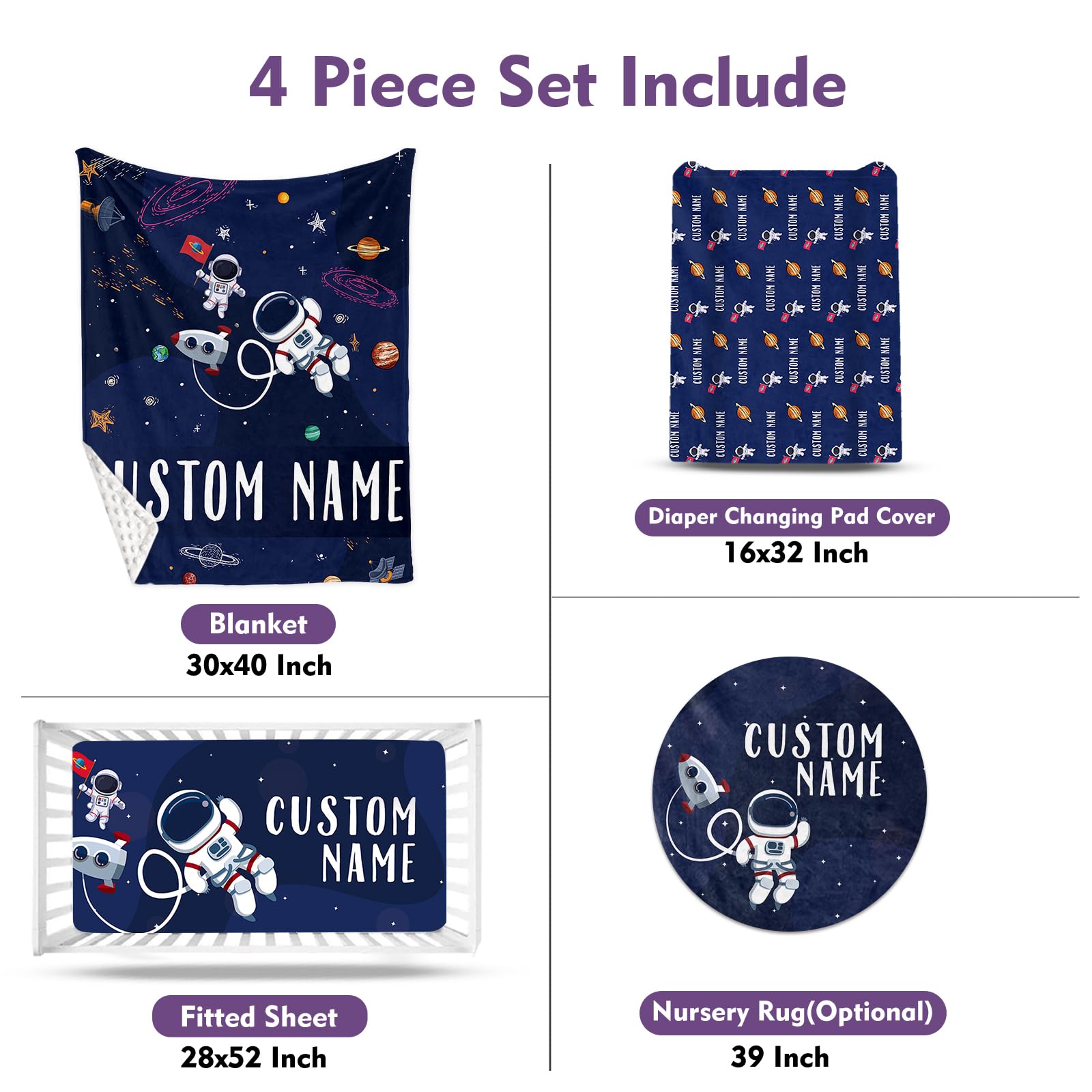 HSHRYY Custom Name Crib Bedding Set – Blue Astronaut in Space Theme - Personalized Blanket, Fitted Crib Sheet, Changing Pad Cover & Nursery Rug – 4-Piece Gift for Baby Boys