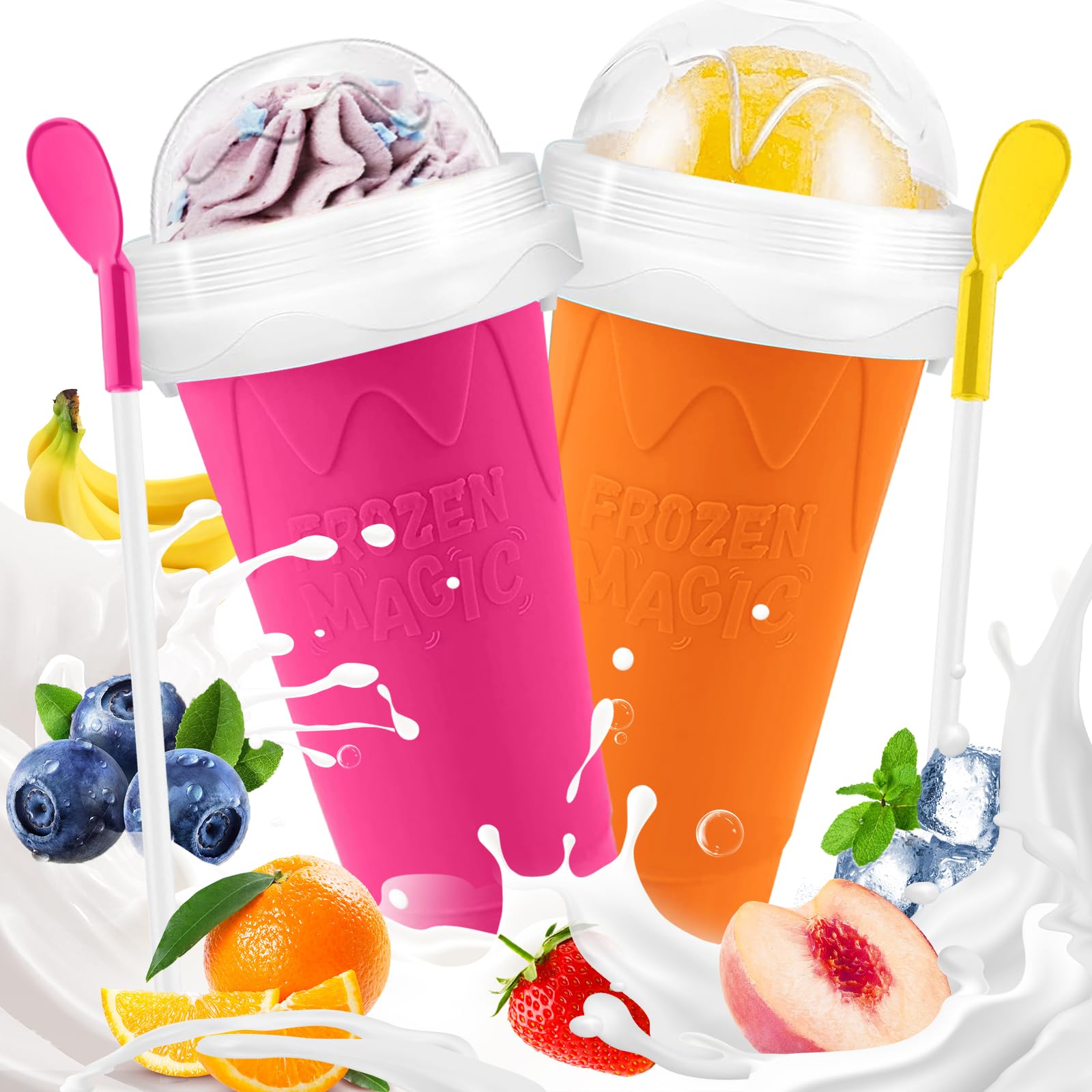 FANS-ONE Slushie Cup 2 Pack Slushy Cup DIY Magic Squeeze Cups (Pink+Orange)