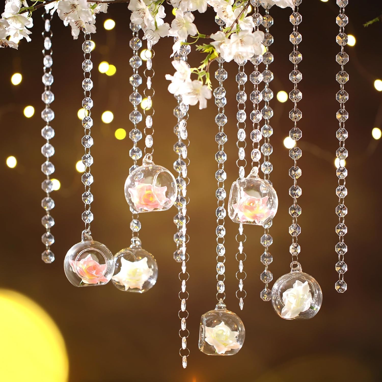 12 juegos de globos de cristal colgantes para boda, portavelas de cristal con gemas acrílicas, guirnaldas y flores, terrario de 2.36 pulgadas para decoración de árbol de boda, fiesta