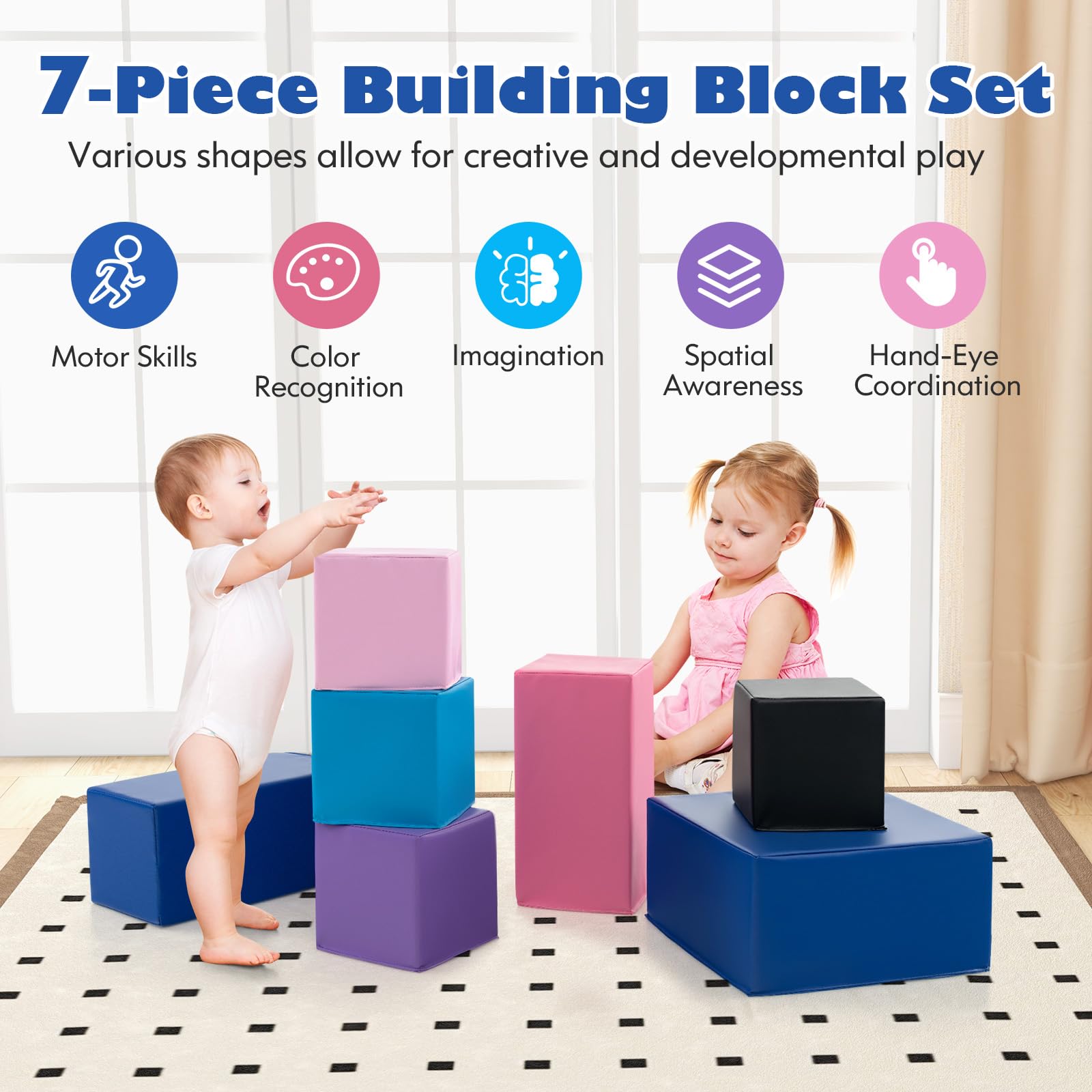 FANTASK 7 TLG. Schaumstoff Bausteine, Kinder Softbausteine, Bunte Riesenbausteine, Building Blocks weich zum Klettern, Bausteinset für Baby & Kinder ab 1 Jahr