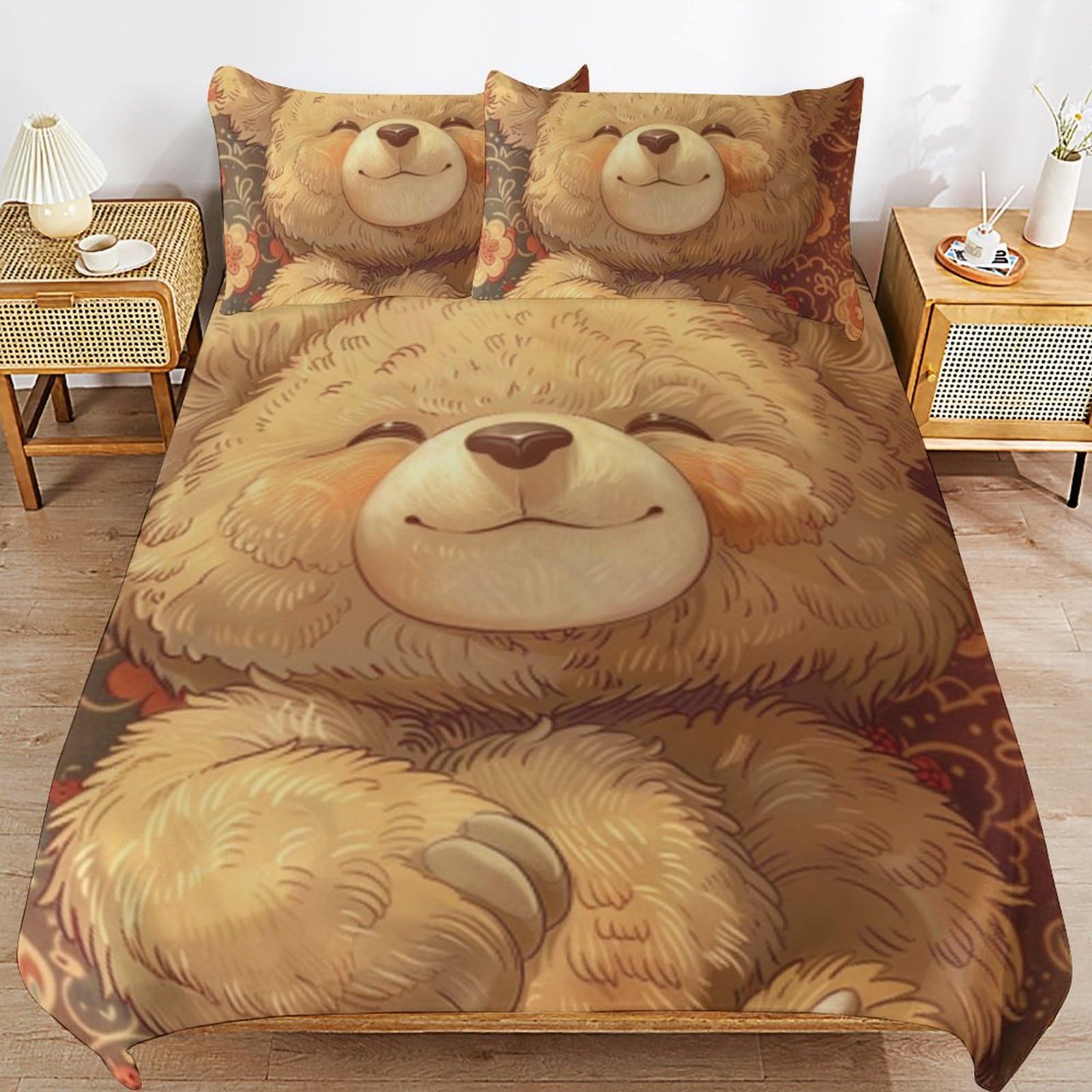 Juego de ropa de cama con diseño de oso de peluche de microfibra transpirable