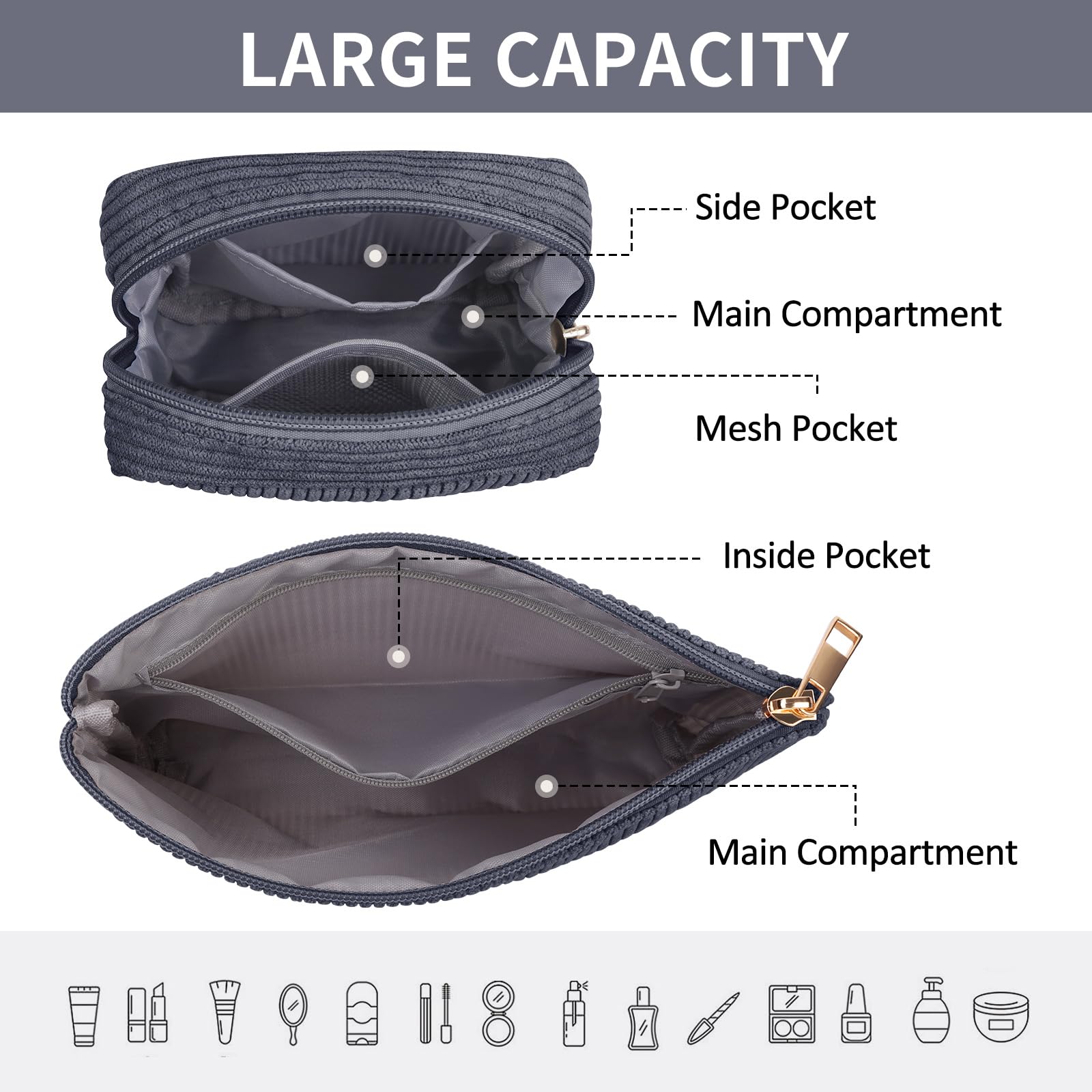 MAGEFY Makeup Bag 2Pcs Small Makeup Bag for Purse Travel Cosmetic Bag Corduroy Makeup Pouch Portable Versatile Zipper Make up Bag for Womem Grey - Image 2