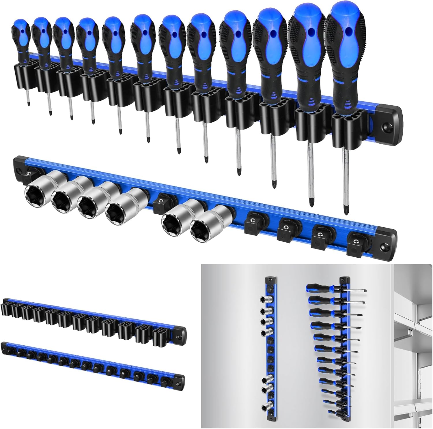 6 Piece Magnetic Tool Organizer Set, Holds Screwdrivers, Wrenches & Sockets (12-Slot Rail x3, L/M/S Socket Holders), Workshop Wall Mount, Space-Saving Tool Storage, Strong Grip (Tools Not Included)