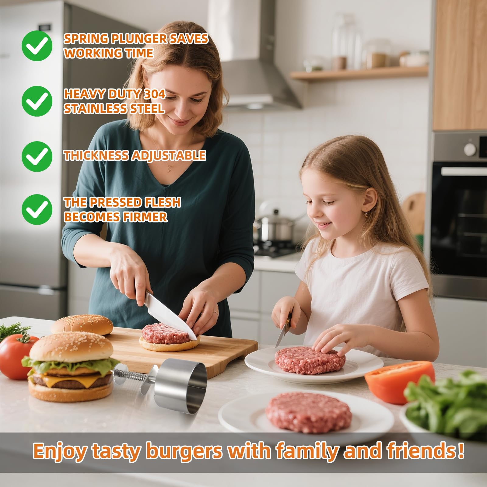 304 Edelstahl Burger Presse, Verstellbarer Hamburger Patty Maker mit 150 Stück Burger-Papier, Robuste Antihaft-Patty-Form für Rindfleisch, Gemüse, Fleisch, BBQ, Partygrill