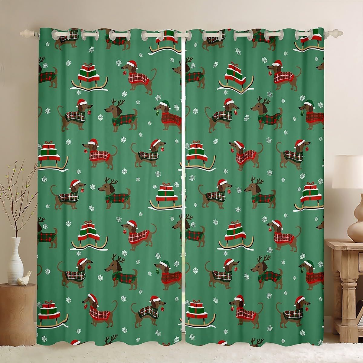 Erosebridal Dachshund Curtains & Drapes for Kids Boys Girls Christmas Curtains Cute Sausage Dog Blackout Curtains Xmas Sleigh Window Treatments Snowflake Decorations Window Curtains 76Wx45L