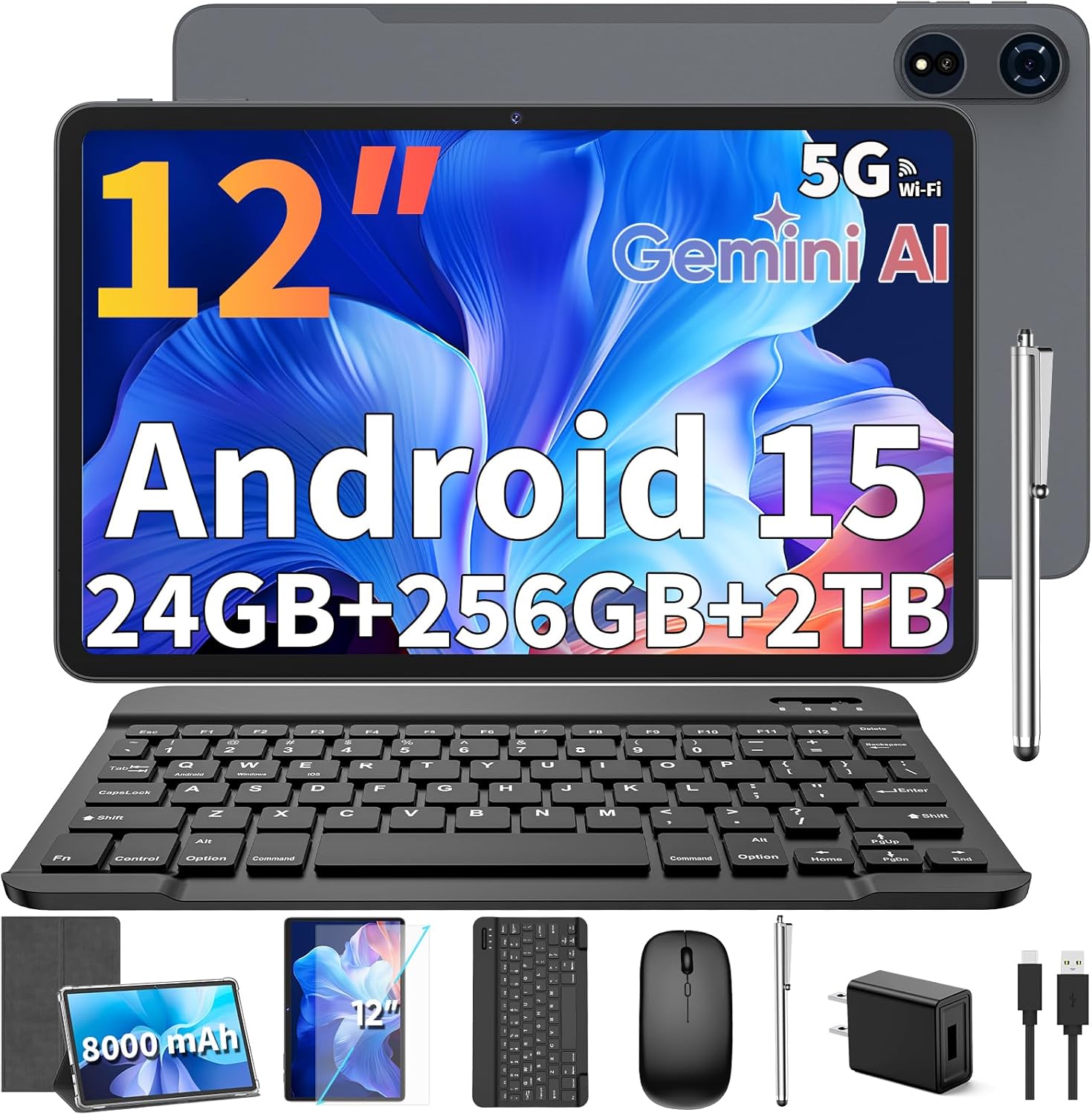 2025 12 Inch Tablet, 24GB(8+16) RAM+256 Storage(Expand to 2TB), Android 15 Tablet with Keyboard, Octa-Core, 2K 2000×1200 Display, 16MP Dual Camera, 8000mAh, 5G WiFi,GPS,Bluetooth 5.0(Silver) 2025 12 Inch Tablet, 24GB(8+16) RAM+256 Storage(Expand to 2TB), Android 15 Tablet with Keyboard, Octa-Core, 2K 2000×1200 Display, 16MP Dual Camera, 8000mAh, 5G WiFi,GPS,Bluetooth 5.0(Silver)