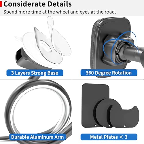 Miniatura 6 de APPS2Car Soporte magnético para teléfono de automóvil [brazo largo flexible] Soporte de teléfono para parabrisas antivibración [6 imanes fuertes]