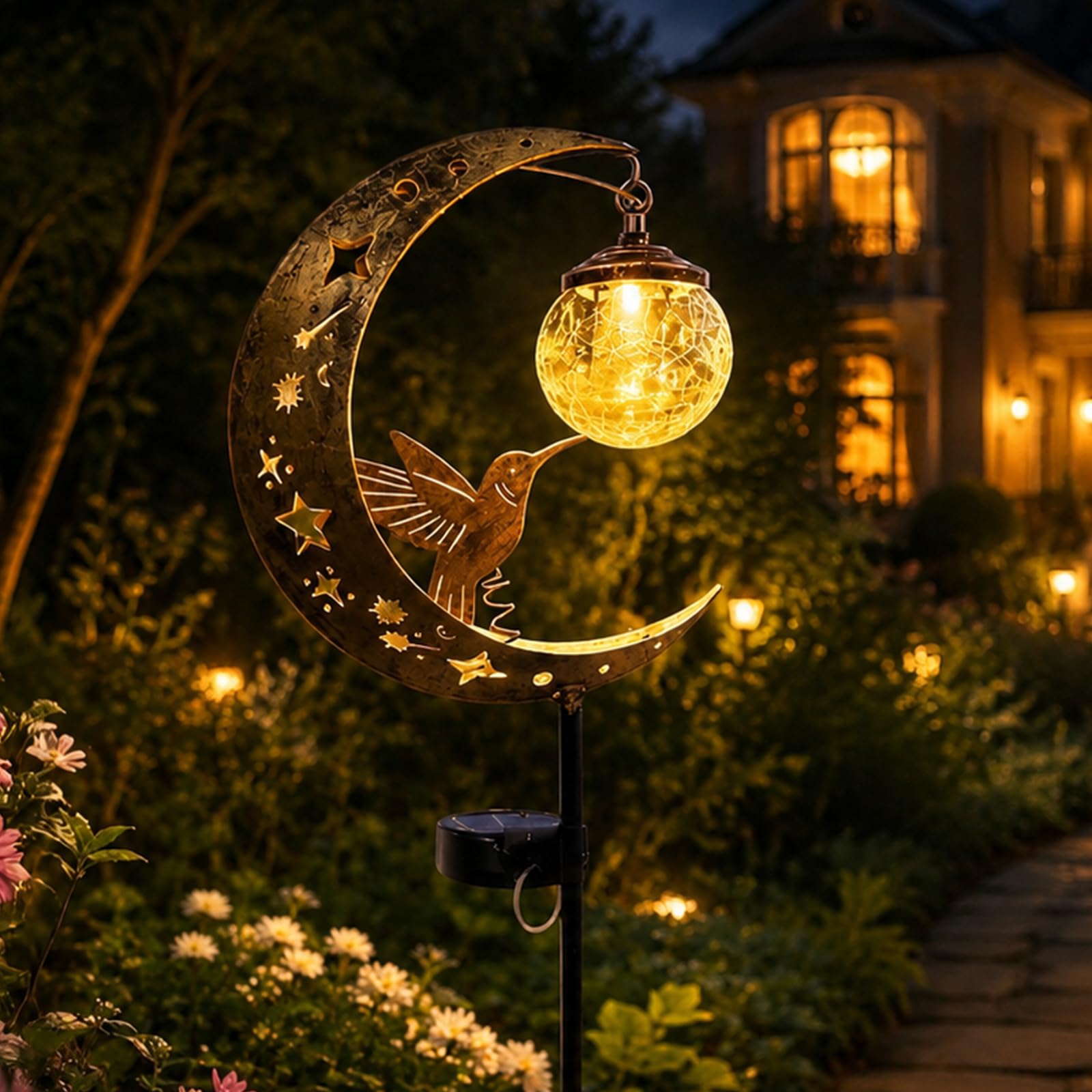Cat & Hummingbird Moon Solar Garden Lights, Crackle Glass Fairy Metal Garden Stake, Waterproof Warm White LED Lawn Decor for Patio Walkway Backyard Pathway, Unique Gift Idea for Gardeners