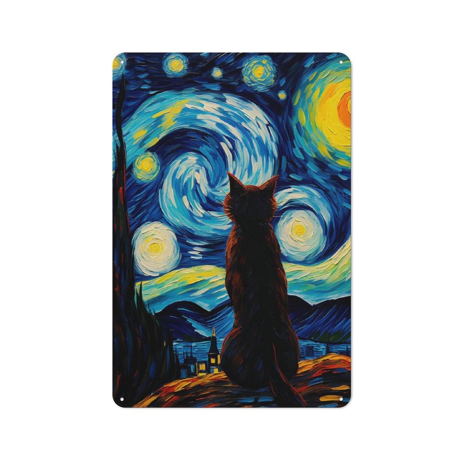 Junmoney The Starry Night Cat Tin Sign 30X20cm For Pub Or Café, Retro-Style Wall Decor, For Garage, Workshop And Man Cave Decoration