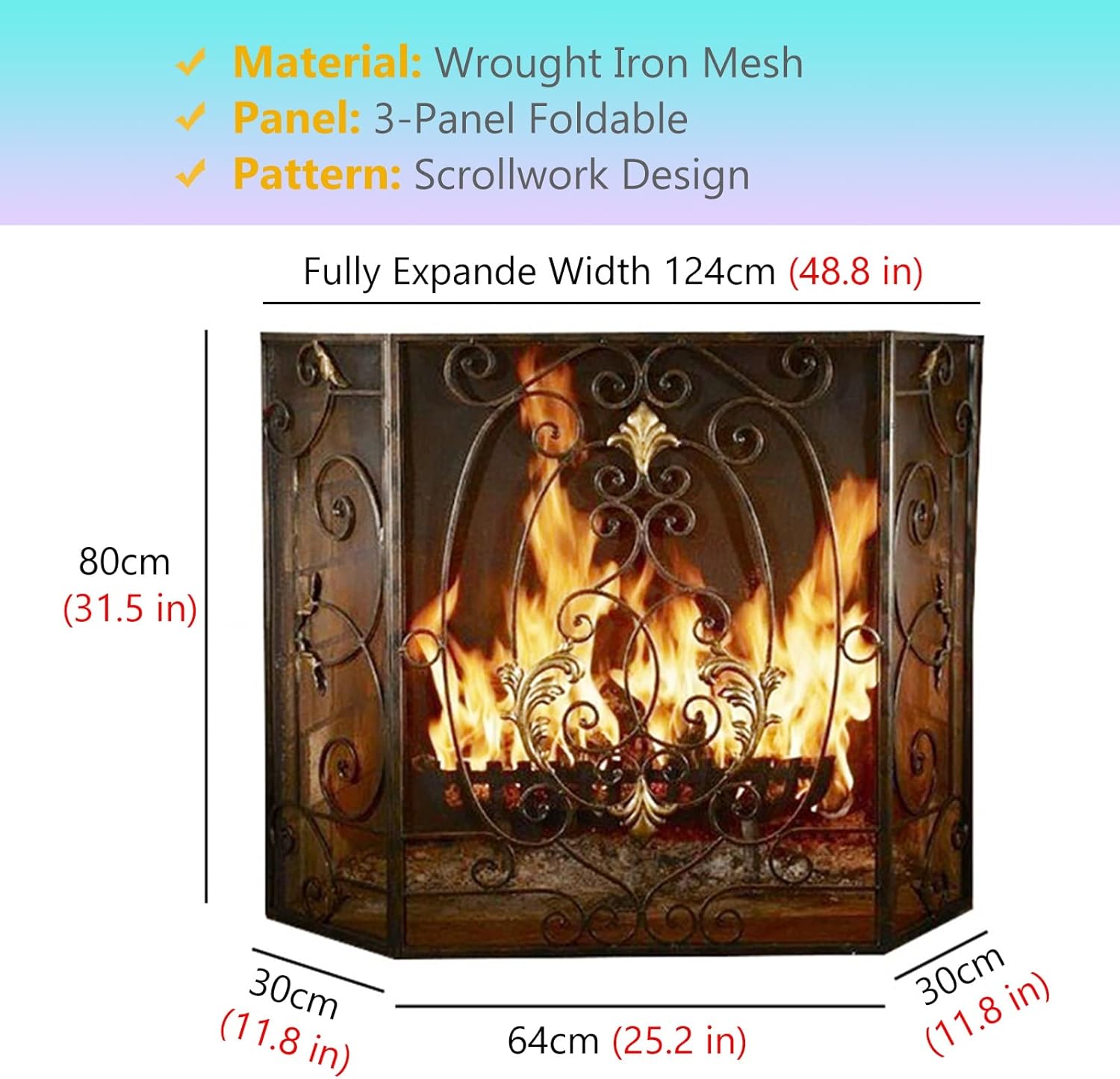 European Style Fire Screen 124x80cm, Wrought Iron Fireplace Guard, Spark Flame Fence for Living Room Decor, Charcoal Safety Partition, Fireplace Accessories