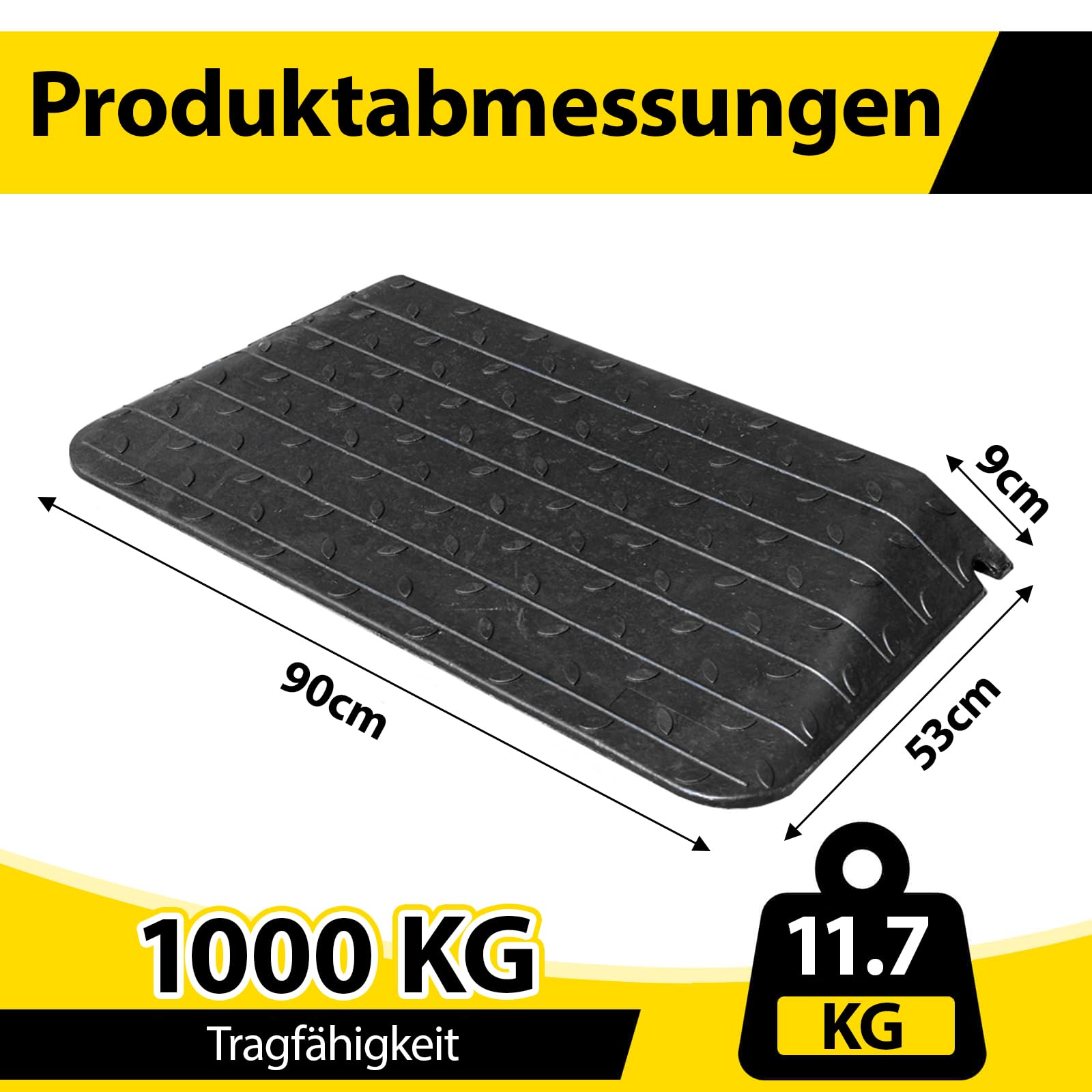 Gumowa rampa do krawężnika, czarna, klin gumowy, rampa dla wózków inwalidzkich, pomoc w najeździe, rampa progowa do drzwi, rampa gumowa (90 x 54 x 9 cm)