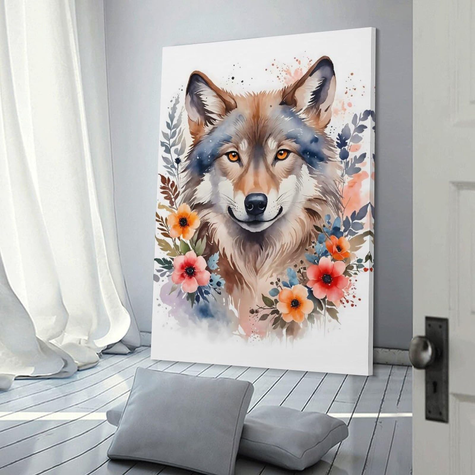 Junmoney Frame-Style-4 Wolf Watercolor Portrait Canvas Wall Picture, 12X18inch(30X45cm), For Study, Office Or Focused Interiors, Home Office Artwork With Decorative Appeal