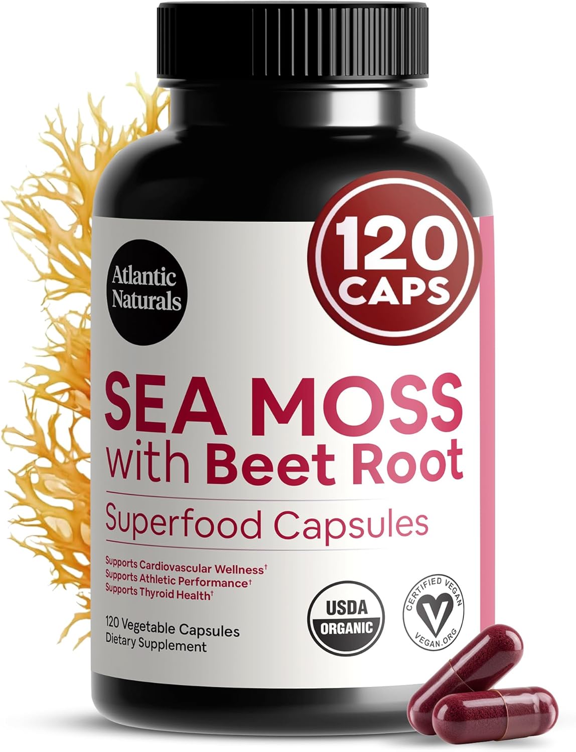 Atlantic Naturals Sea Moss with Beet Root Capsules - Premium Quality Multivitamin Supplement - Sea Moss Superfood to Support Immune Health, Blood Flow, Joint Health & Athletic Performance - 120 ct