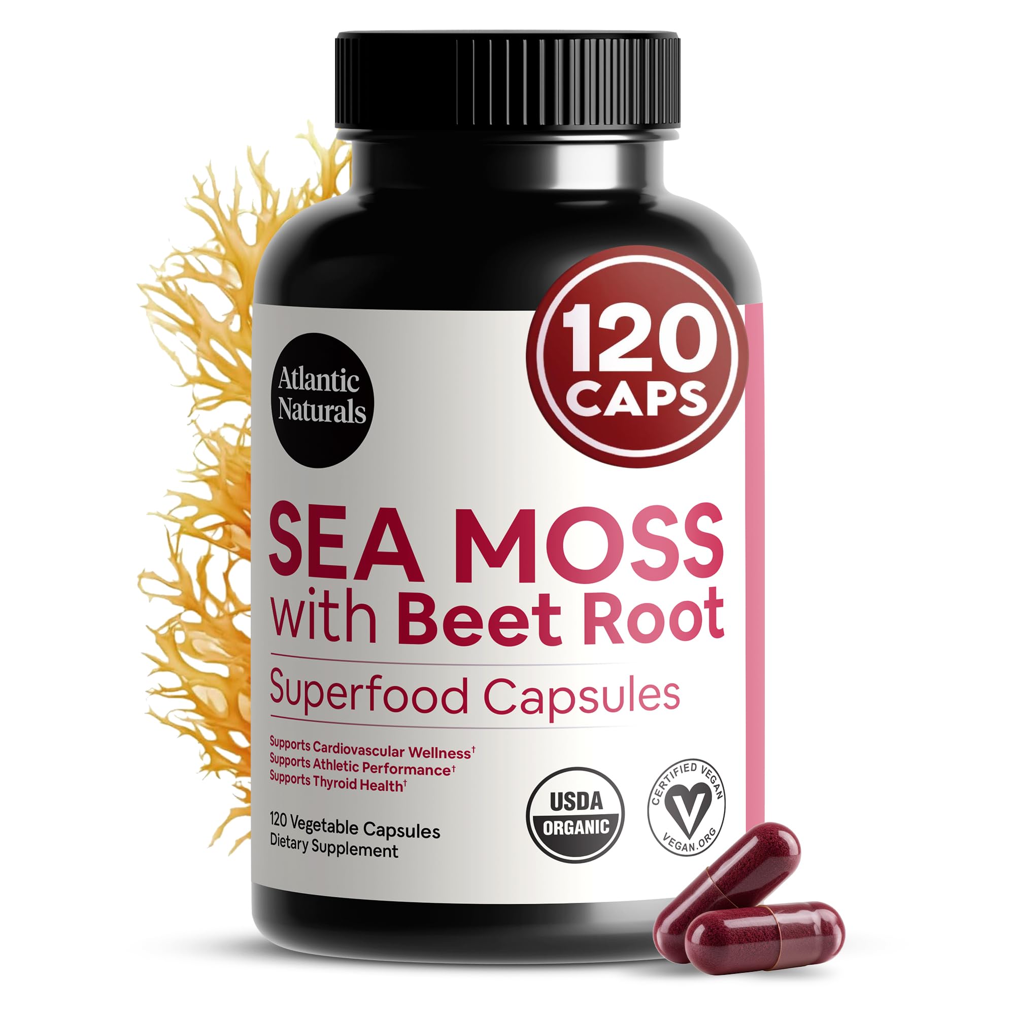 Atlantic Naturals Sea Moss with Beet Root Capsules - Premium Quality Multivitamin Supplement - Sea Moss Superfood to Support Immune Health, Blood Flow, Joint Health & Athletic Performance - 120 ct