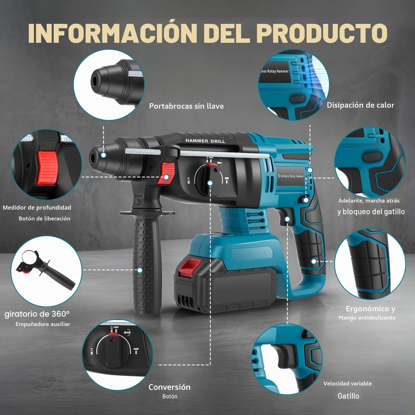 18V 2.5 J Taladro Percutor a Baterías Profesional, Compatible con Baterías Serie 18V BL, Incluye 10 Brocas, Mango Antivibraciones y Embrague de Seguridad