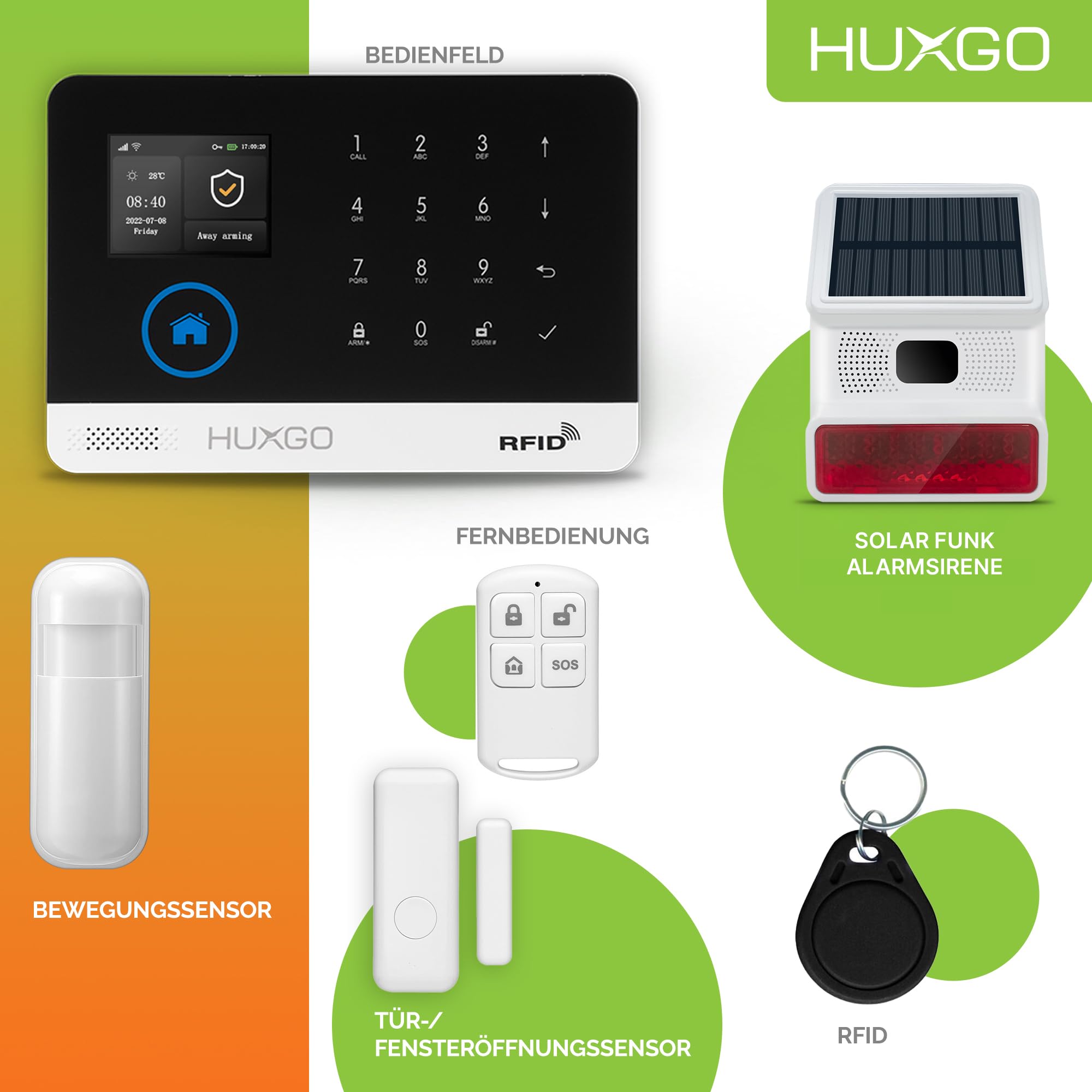 HXA003 Funk Alarmanlage Set WiFi + GSM 4G mit Solar Alarmsirene | Alarm System mit Bewegungsmelder, 3X Fensteralarm/Türsensoren | Alarmanlage fürs Haus, Wohnung, Wohnmobil | Smart Home