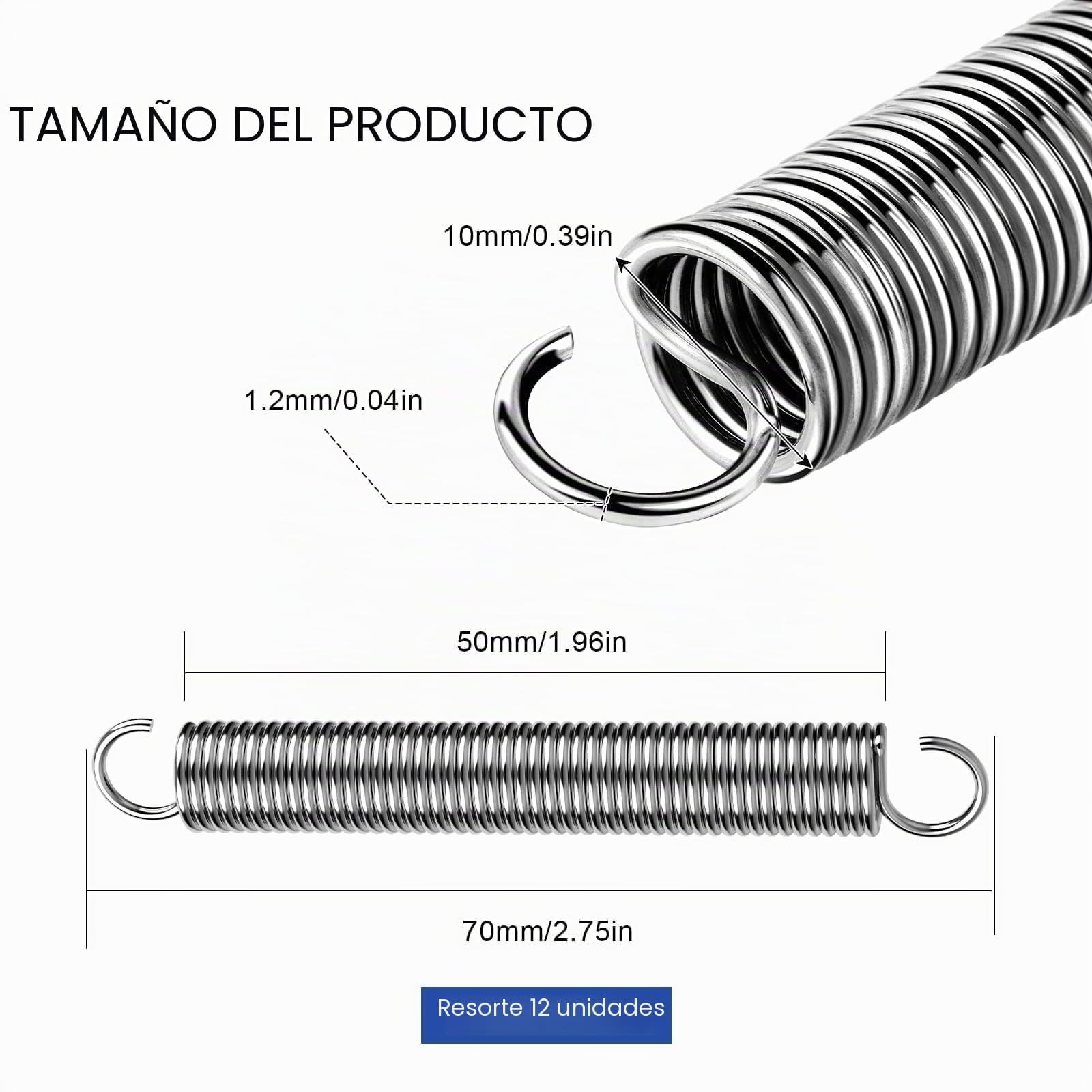 Muelles de Compresion 70x10x1.2mm Acero Inoxidable Doble Gancho 12 Piezas