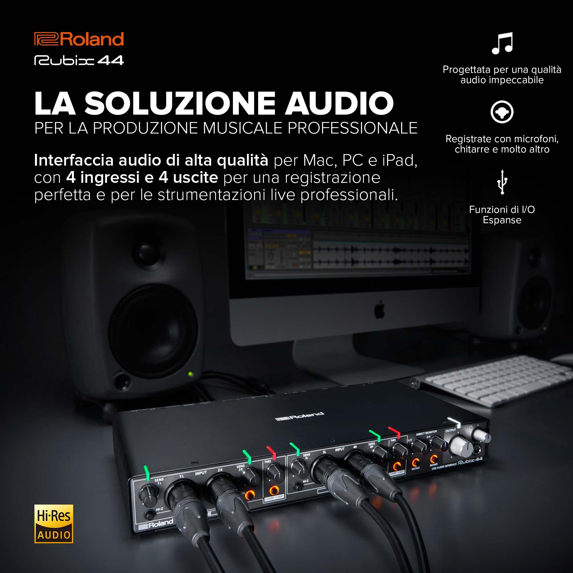 Interfaccia audio USB Roland Rubix44 4-In/4-Out | Audio ad alta risoluzione | Registrate con microfoni, chitarre, tastiere e altro | Costruzione compatta e durevole | Compatibile con Mac, PC & iPad