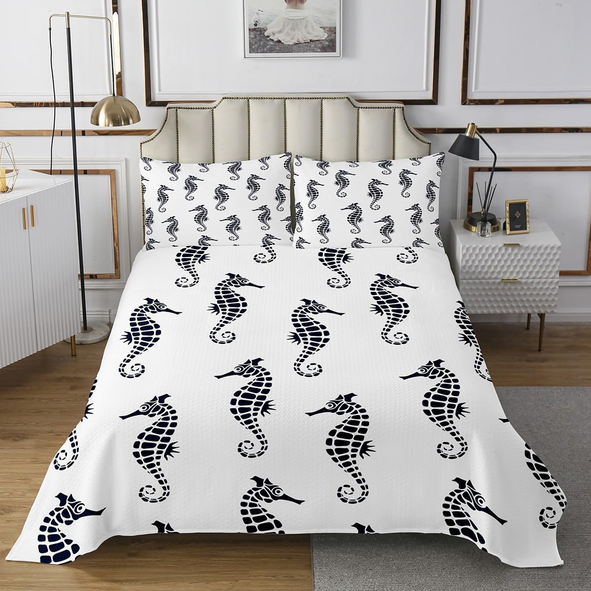 Erosebridal Seahorse Queen Quilt Set for Kids Boys Girls,Ocean Animals Coverlet Set Underwater World Bedspread Set Sea Theme Wildlife Bedding Set