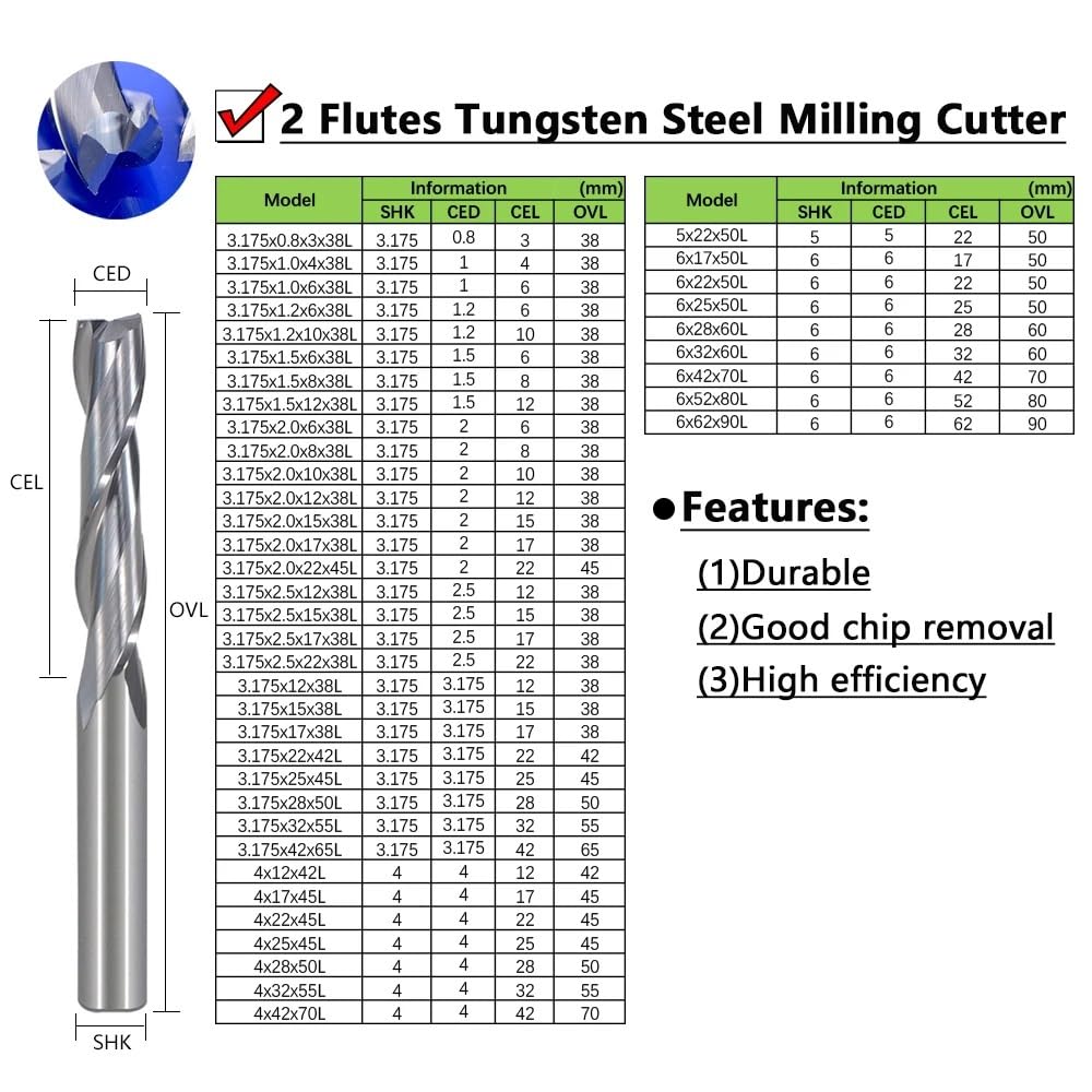10Pcs 3.175mm 4mm 5mm 6mm Shank Flat End Mill CNC Router Bit Engraving Tools Up-Cut Spiral Milling Cutter for Woodworking Tools(3.175x1.5x6x38L)
