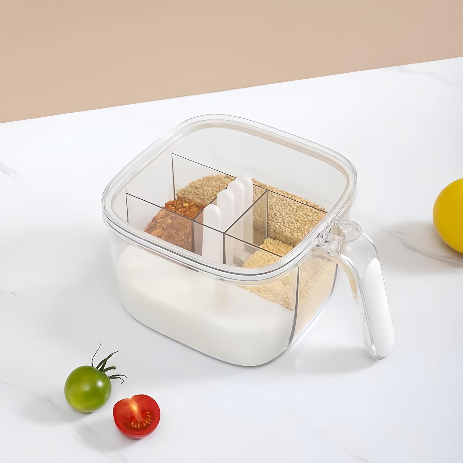 4 in 1 Compartment Seasoning Containers Set, Condiment Storage with Lids, Kitchen Spice Organizer for Salt, Pepper, and Condiments, Air Tight Seal, Longlasting and Easy to Clean