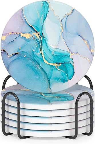 Miniatura 16 de Nipichsha Posavasos para bebidas, juego de 6 lindos posavasos absorbentes de cerámica para taza con soporte y base de corcho, decoración