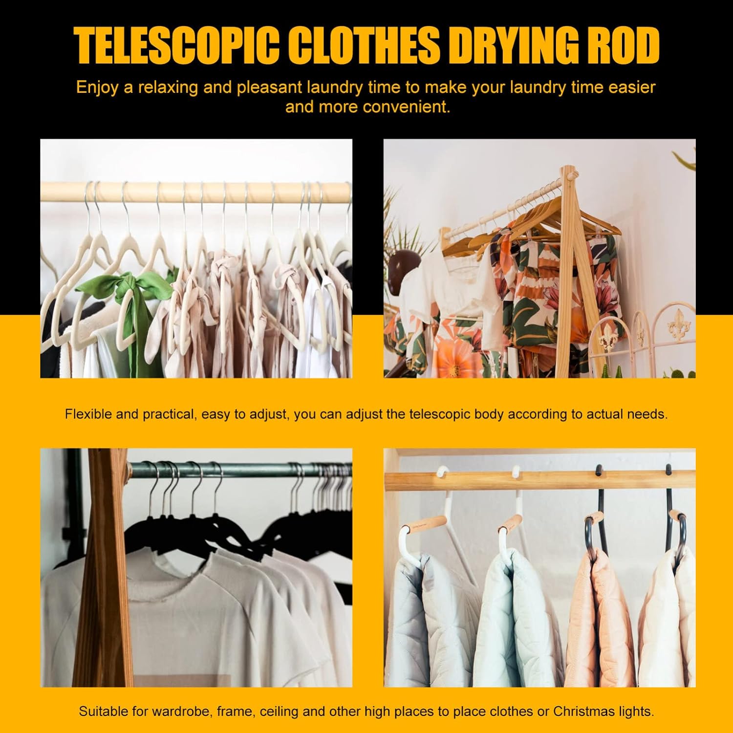 Cabilock Telescopic Clothes Drying Rod Adjustable Closet Pole with Hook Extendable Garment Hanger for Home Laundry Organization