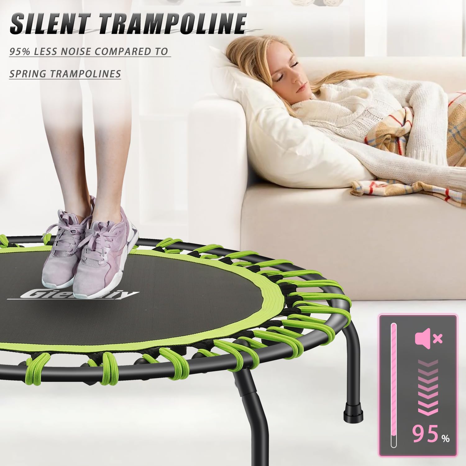 Trampolino Fitness Ø Circa 101 cm, Piccolo e Silenzioso Rebounder per il Fitness Indoor, Sistema di Design con Corda Elastica, peso dell'utente fino a 150 kg.