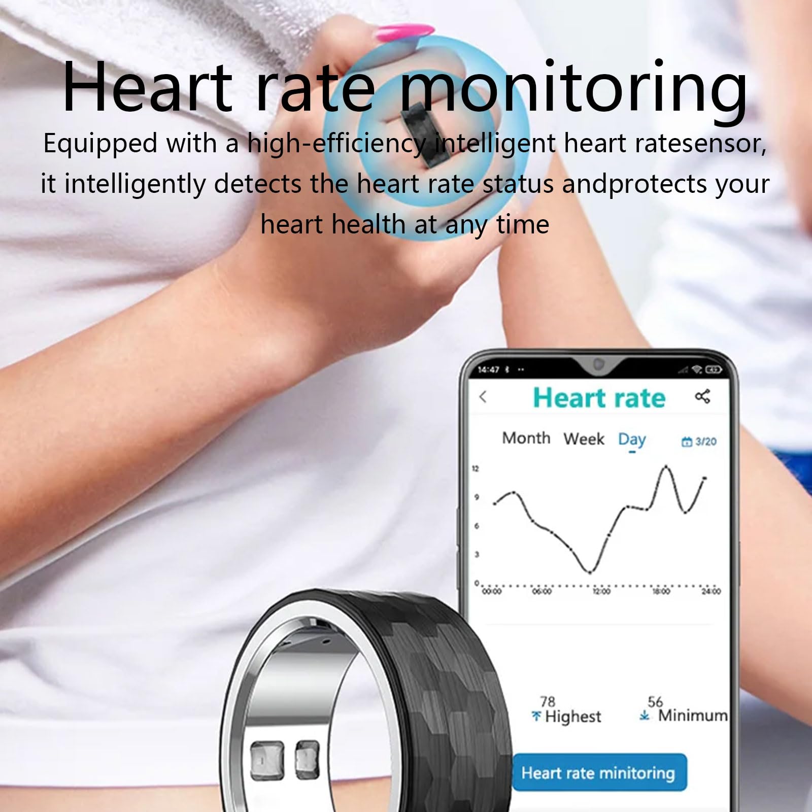 Inteligentny pierścień, pierścień do wykrywania tętna, pulsoksymetr, monitor temperatury, monitor snu, dane zapisu aplikacji, ładowanie magnetyczne smartfona, połączenie z tabletem white