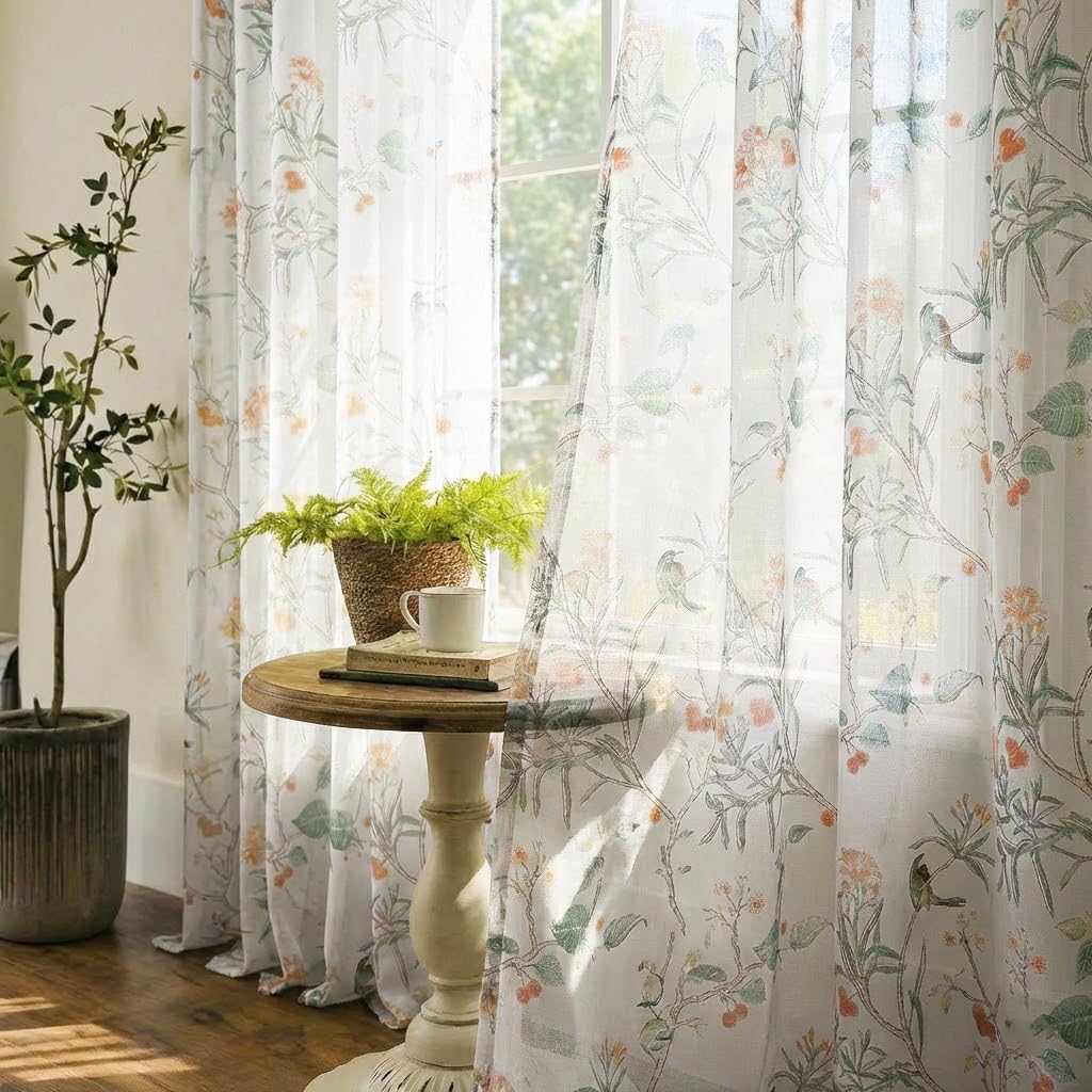 XTMYI White Sheer Floral Curtains 84 Inches Long, Shabby Chic French Country Romantic Green Bird Cottage Core Printed Pattern Design, Grommet Pretty Window Sheers for Living Room Bedroom 2 Panels Set
