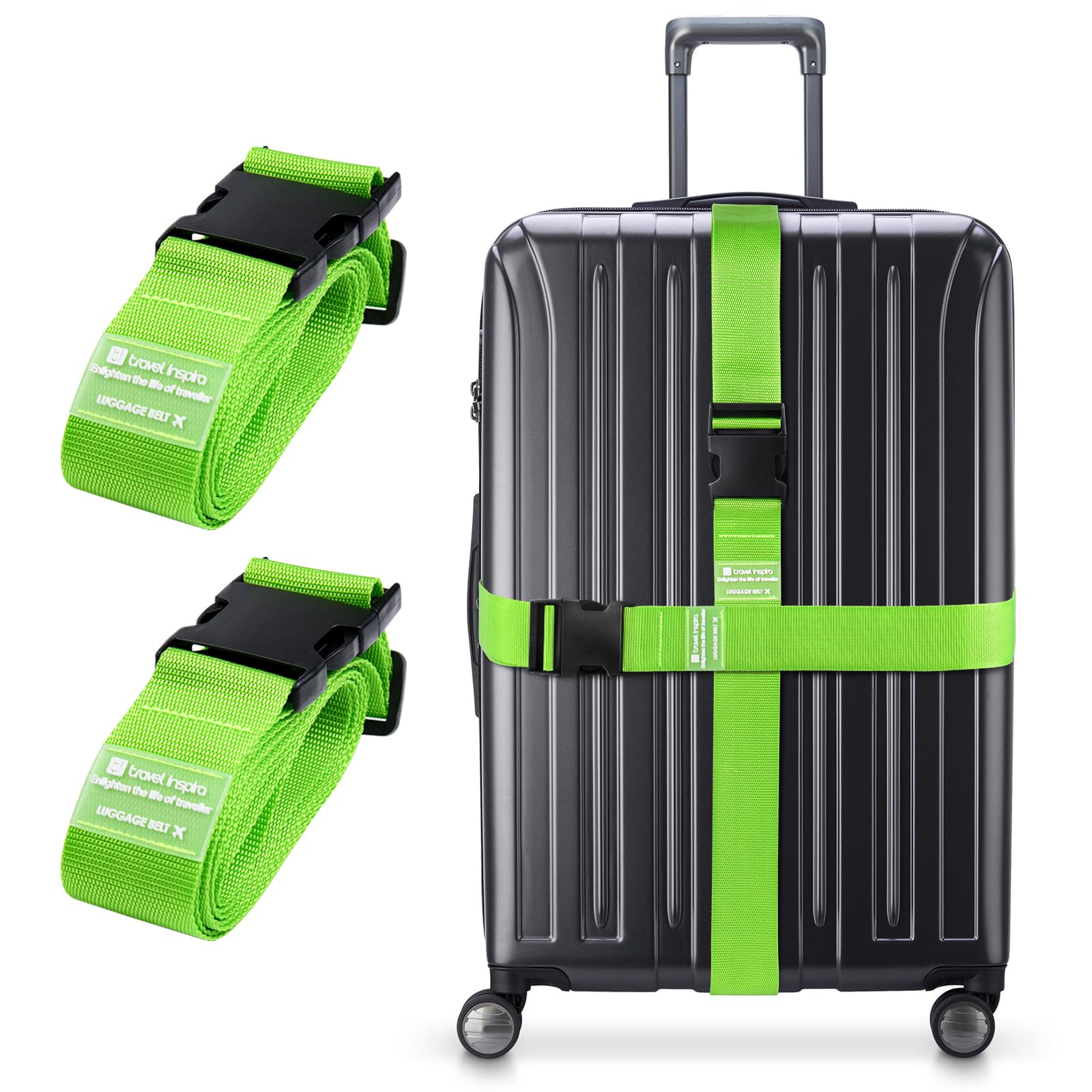 travel inspira Koffergurte 2 Stück 104-195cm Verstellbare Kofferband Gurt Auffällig Koffer Band zur Erkennung–Kofferbänder Für Reisekoffer 20"-32"(Neon Grün)