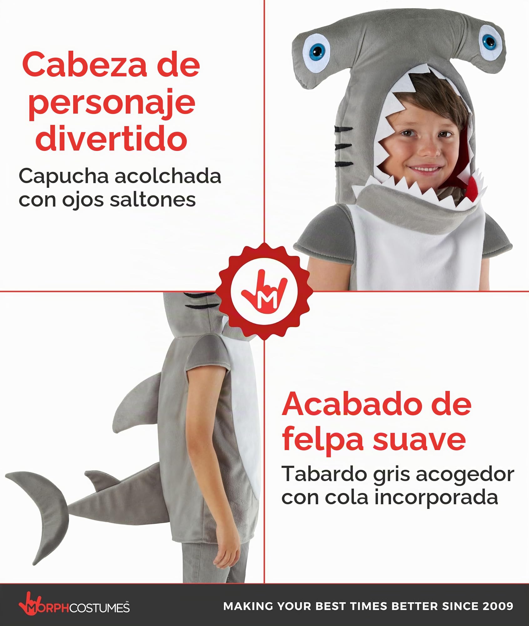 Morph Costumes Disfraz Tiburón Niño y Niña, Tiburón Martillo, Pez, Animales Marinos, Carnaval y Halloween