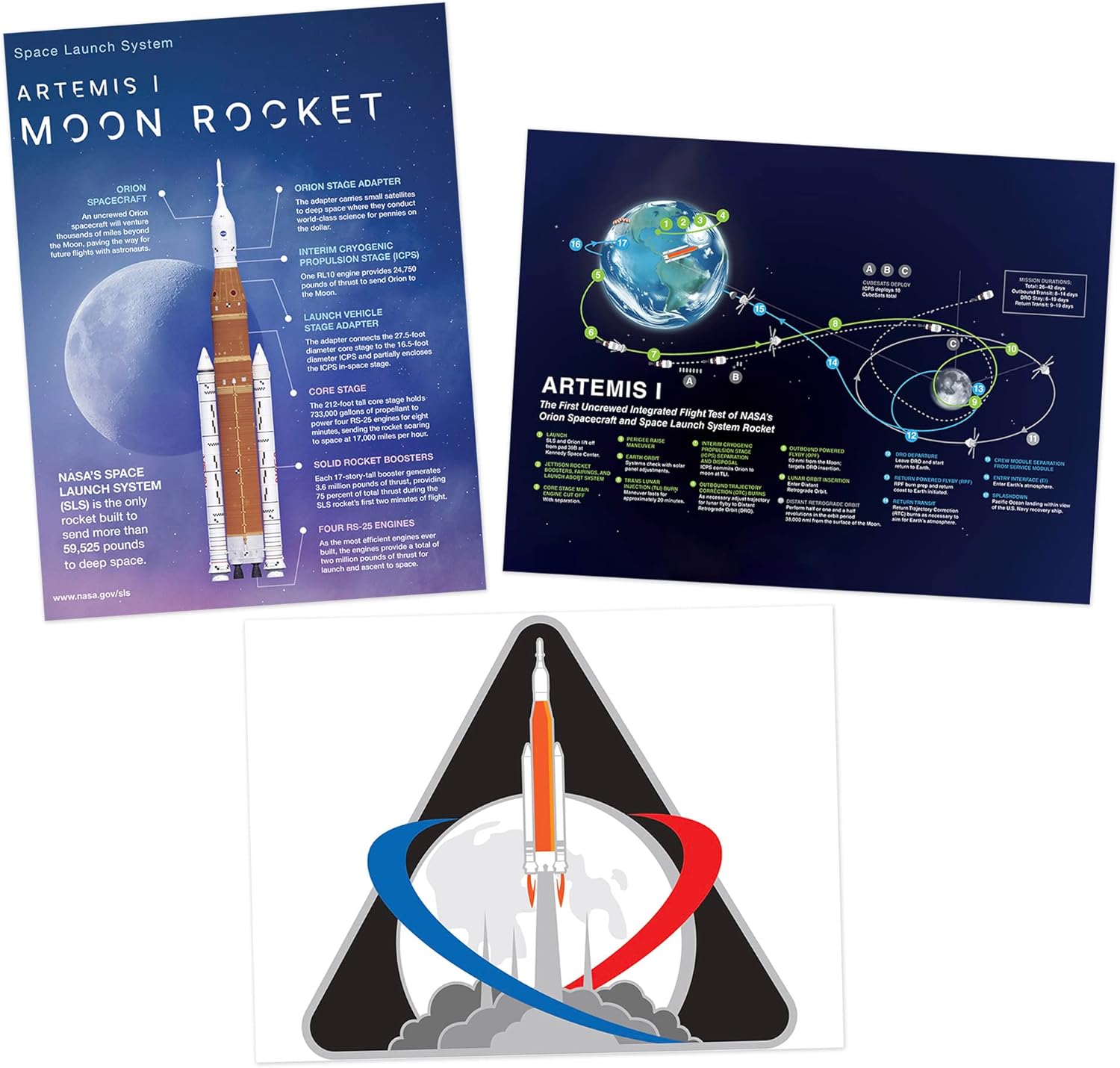 Artery8 NASA Artemis 1 Moon Mission Rocket Space Launch System Flight Test Mission Badge Emblem Wall Art Print Poster Pack of 3