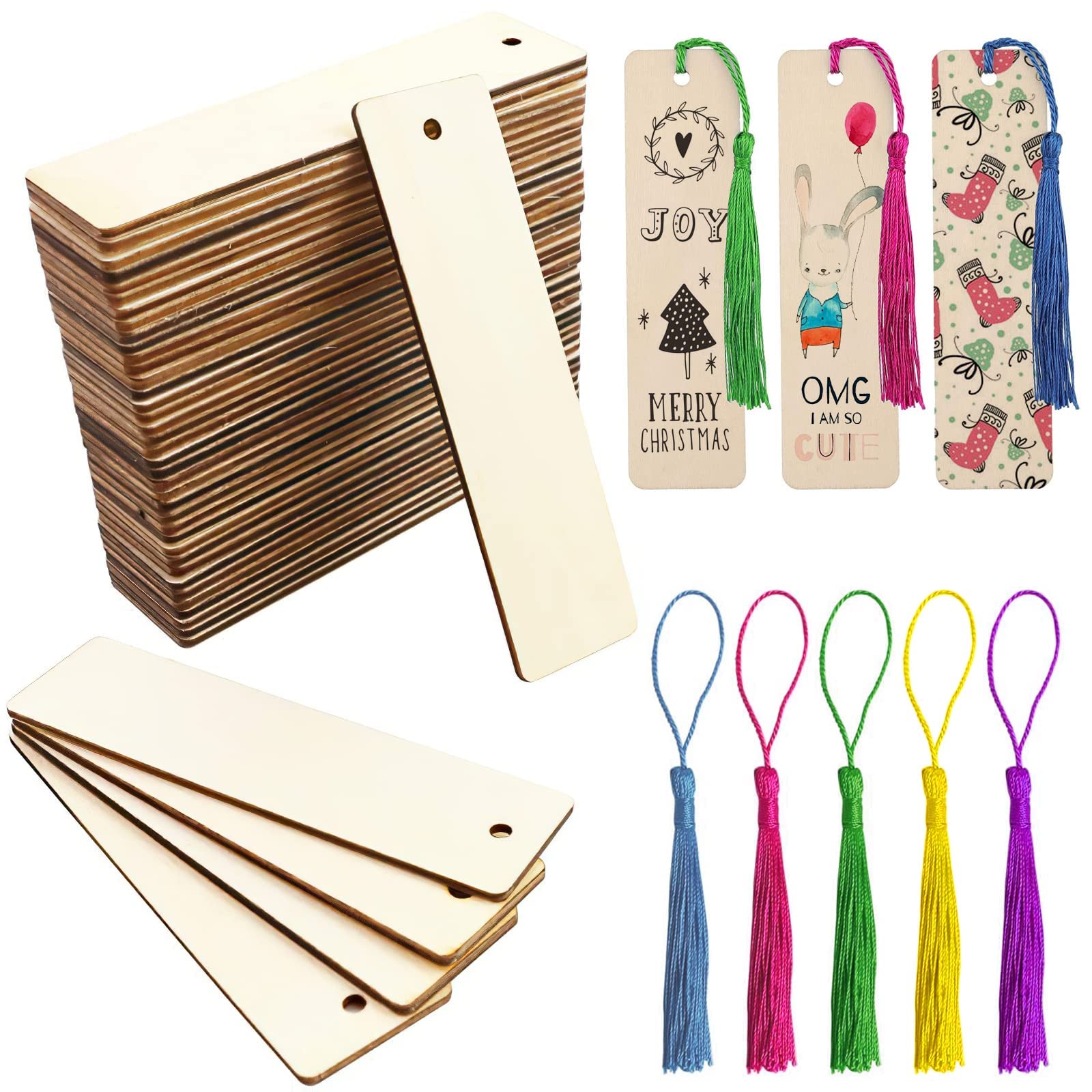 foxely Wooden Blank Bookmarks, Wooden Craft Bookmark, 50pcs Blank Unfinished Rectangle Wood Bookmarks with Tassels Used for DIY Crafts Book Lovers