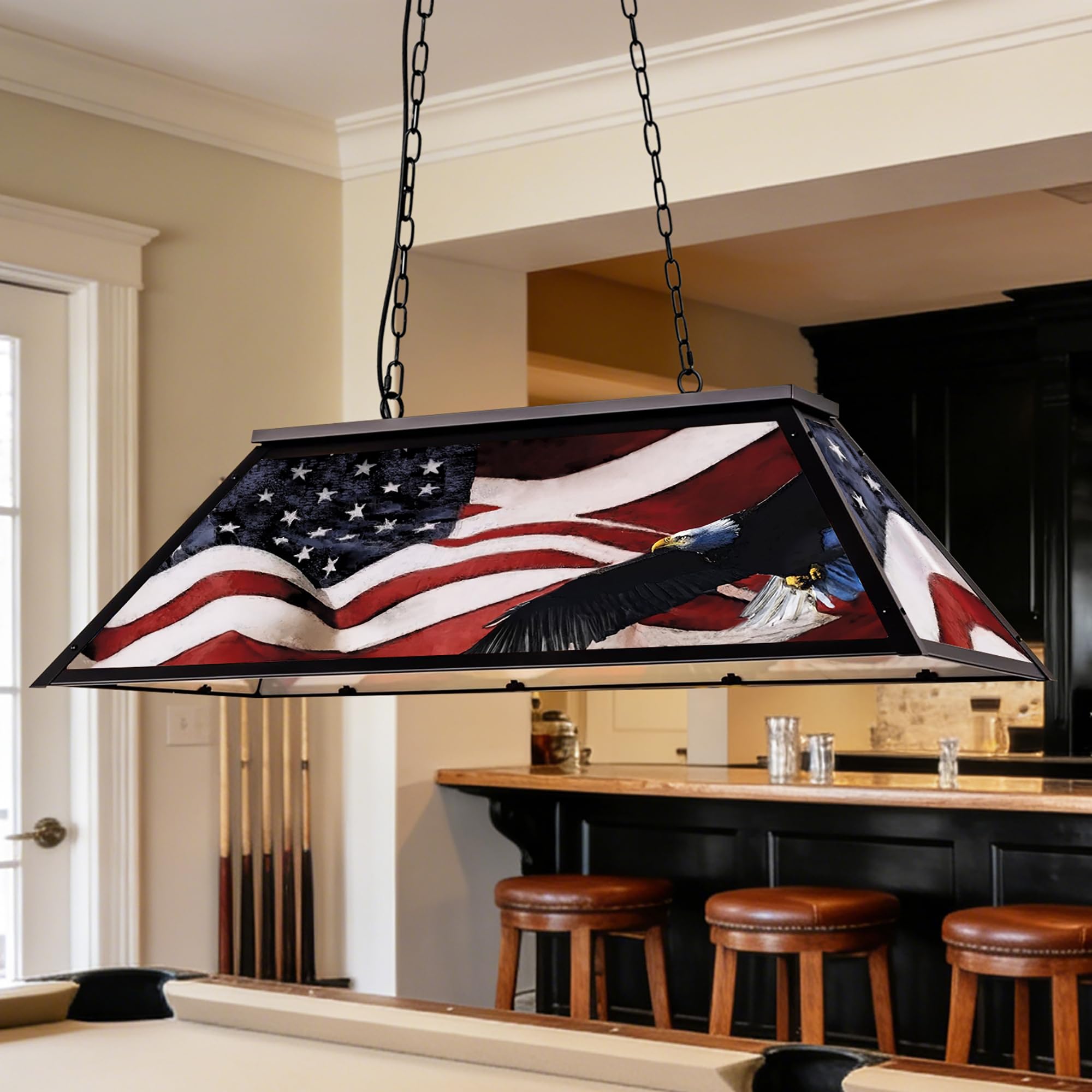 Photo 1 of Obihivlo 4-Light Tiffany Pool Table Lamp, 43'' Billiards Light Fixture for 7'-8' Pool Table Hanging Lamp, with American Flag High Light Transmittance Shade, Suitable for Game Room, Man Cave