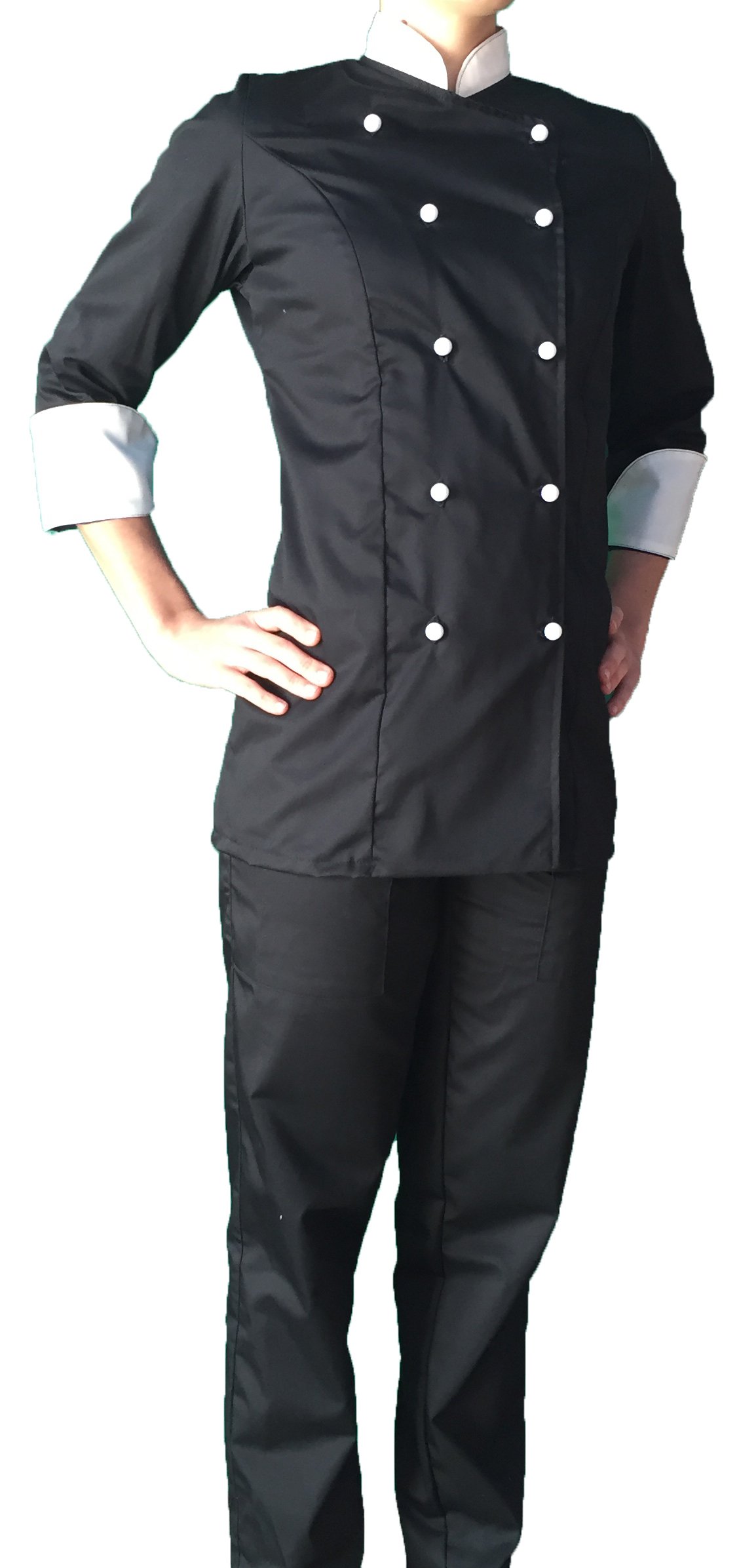 Ricamo Gratuito - Completo Cuoco da Cucina - Divisa Chef Donna - Nera e Panna - Giacca, Pantalone e Grembiule - Made in Italy