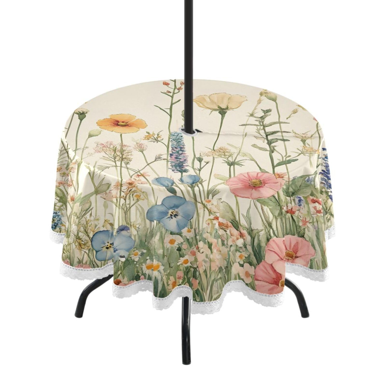 Ttgoth Wildflowers Outdoor Table Cloth 152 cm Water Stain & Resistan Tablecloth Wipeable Table Cover with Parasol Hole & Zipper for Garden Patio Party Picnic