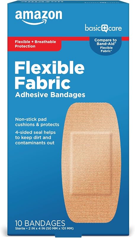Amazon Basic Care Vendajes adhesivos de tela flexible, XL (2 x 4 pulgadas), almohadilla antiadherente para cortes y raspaduras, sello de 4 lados, 10 unidades