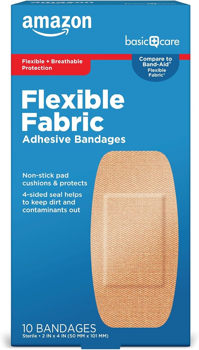 Amazon Basic Care Flexible Fabric Adhesive Bandages, XL (2 In X 4 In), Non-Stick Pad For Cuts & Scrapes, 4-Sided Seal, 10 Count