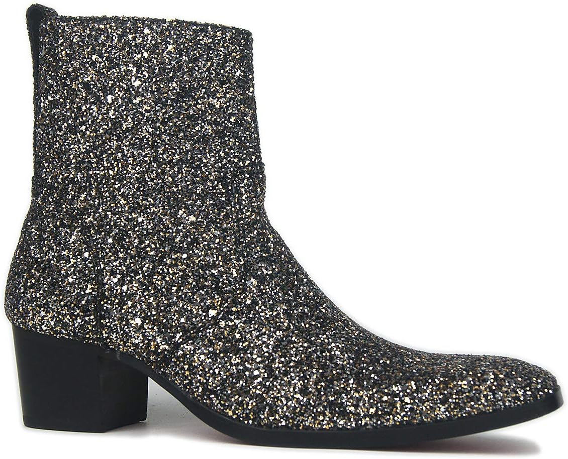 OSSTONE Dress Boot for Men Leather Glitter Chukka Designer Boots Casual Heel Shoes Zipper-up - Image 5