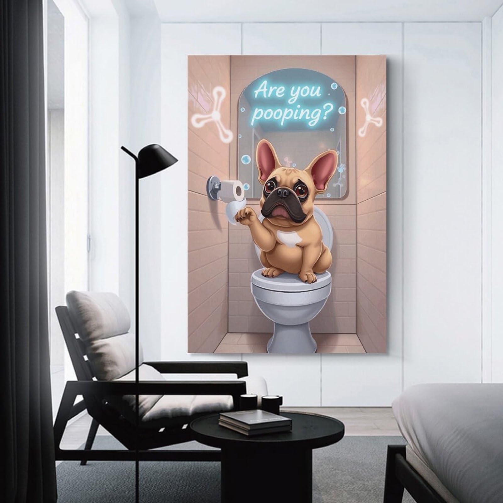 Junmoney Wall Picture Print Funny French Bulldog Pooping, 24x36inch(60x90cm), for Hallway, Bedroom Or Modern Interiors, Thoughtful Wall Decor for Art Lovers